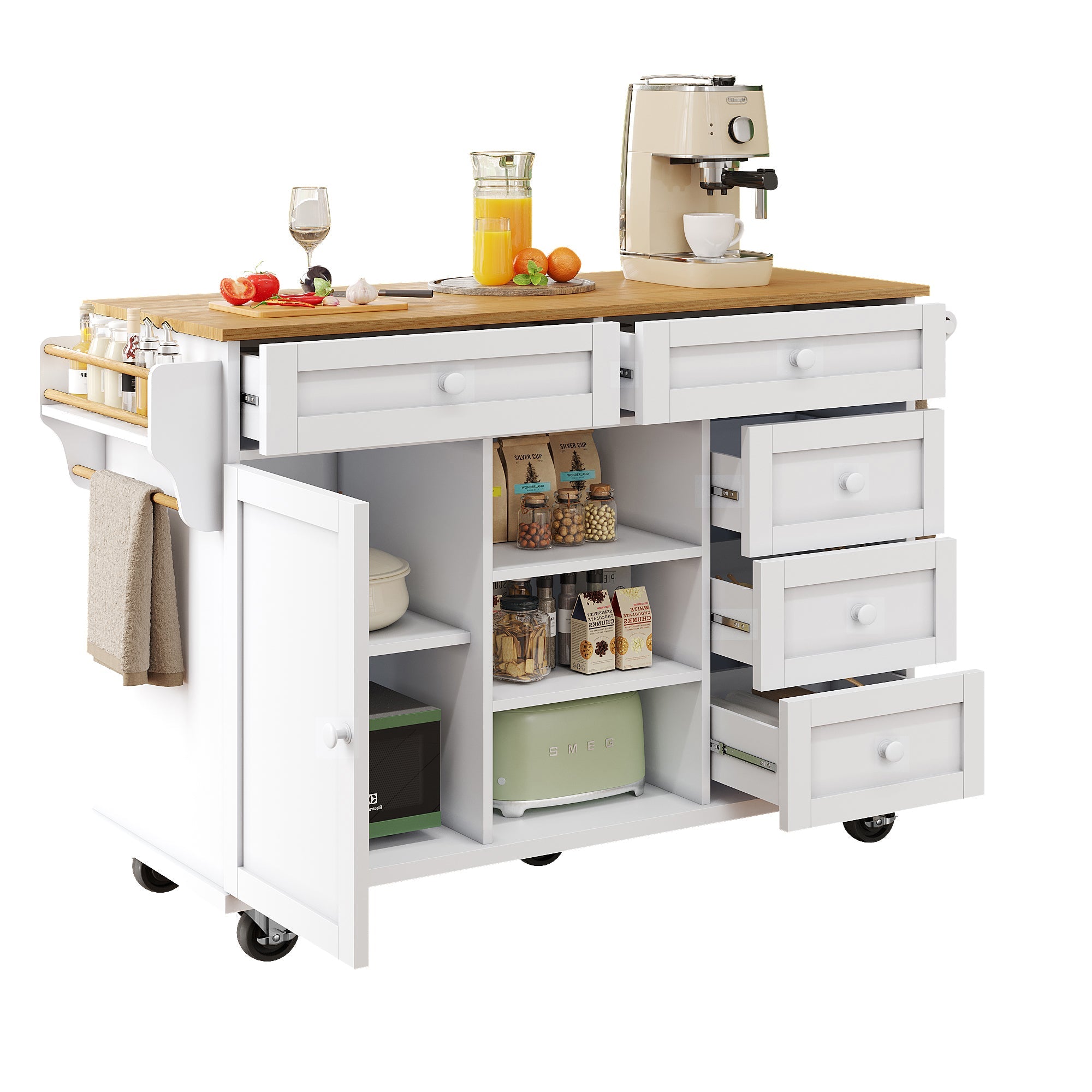 Logidon eettafelwagen 134x46x92 moderne witte keukenwagen voor tweeërlei gebruik