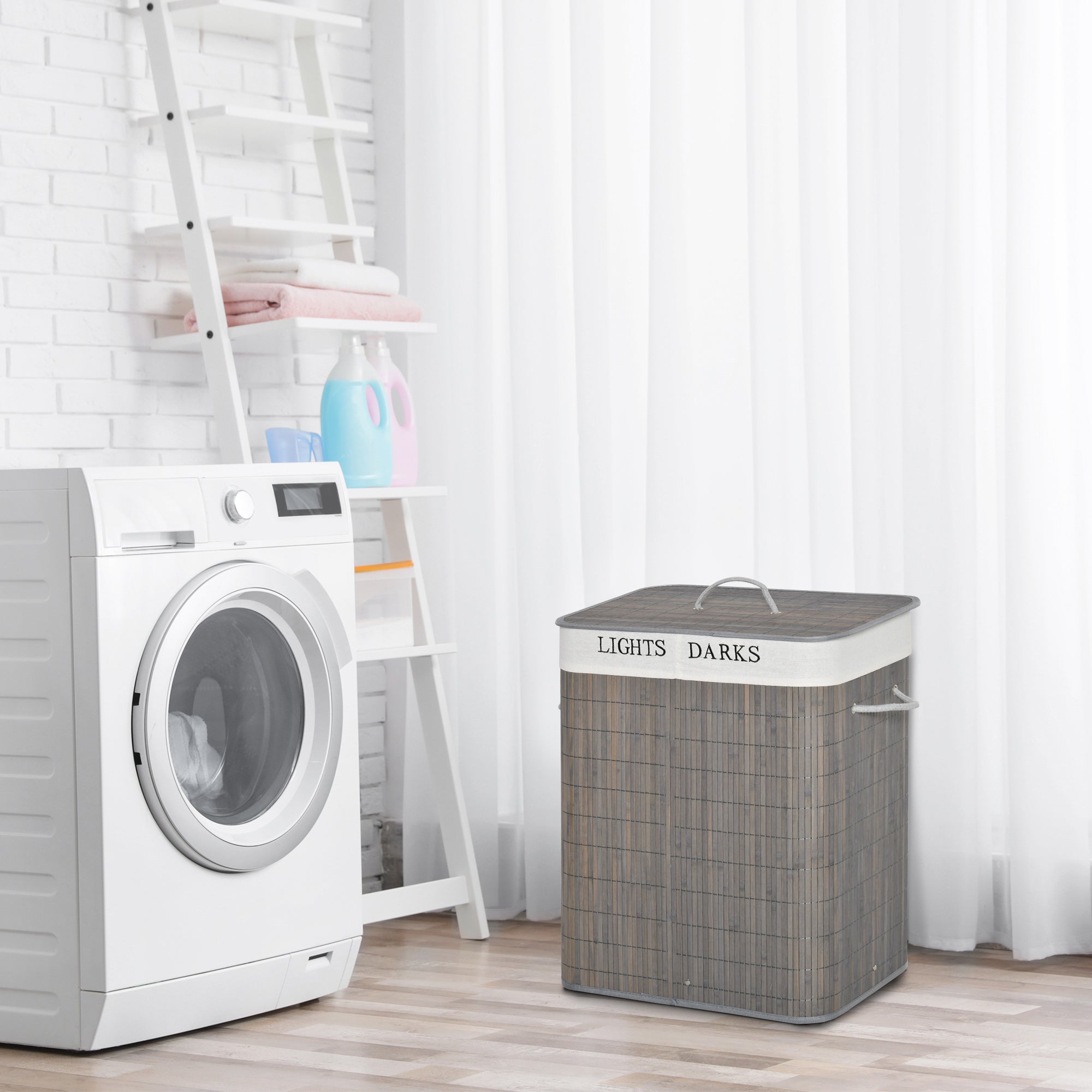 Logidon Wasmand 100L Met 2 Vakken Bamboe Grijs Opvouwbare Deksel