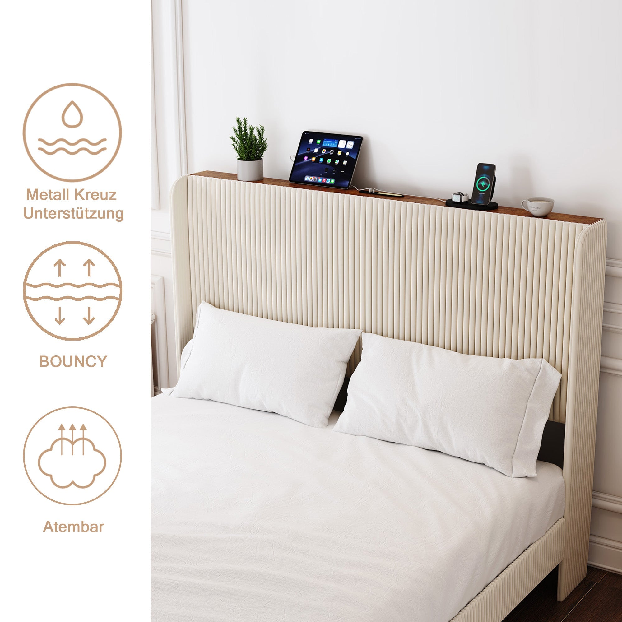 Logidon bedframe 160x200 gewatteerd platformbed, hoofdeinde van beige stof
