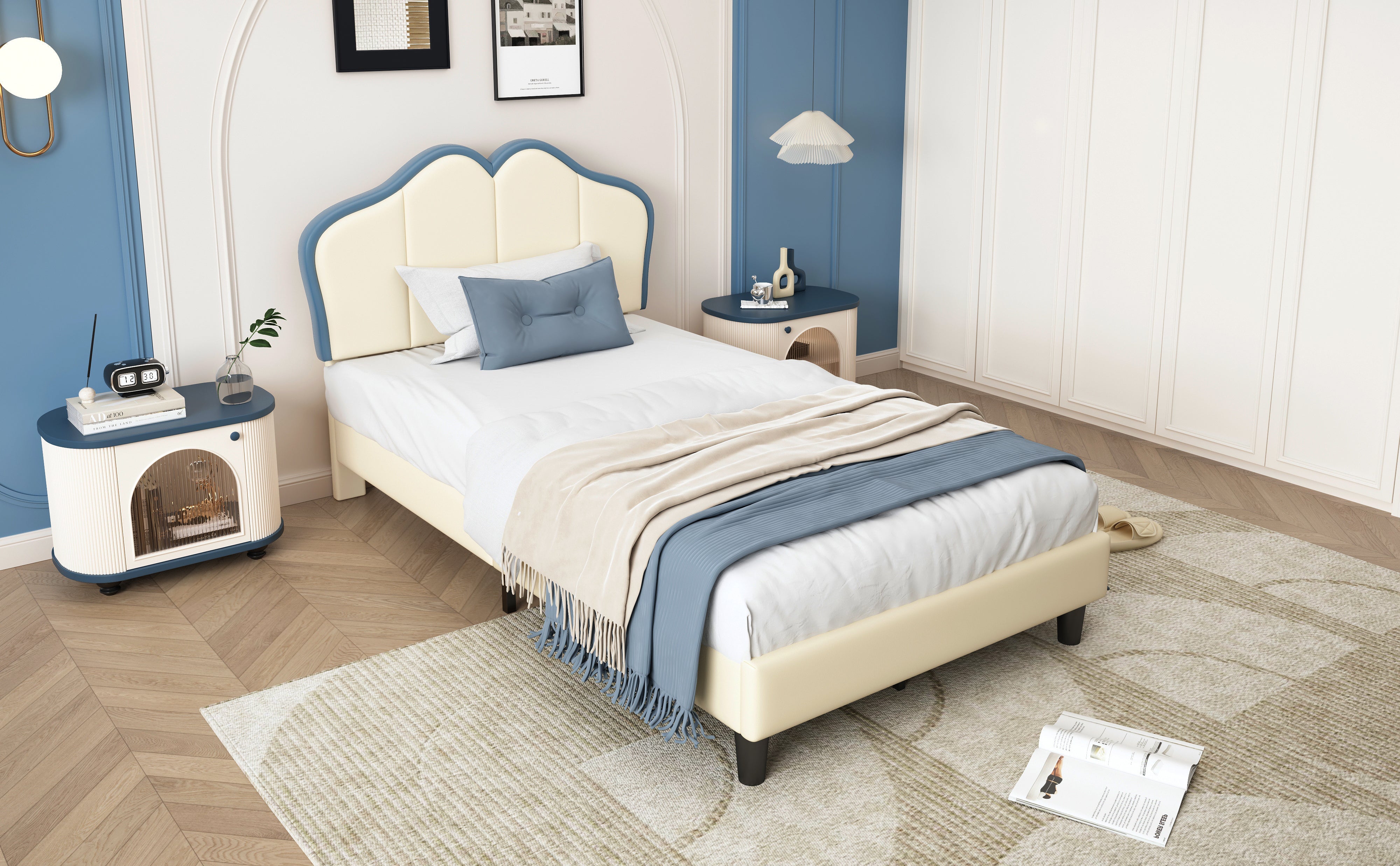 Logidon gestoffeerd bed 90x200 kinderbed wit blauw met zachte beschermranden