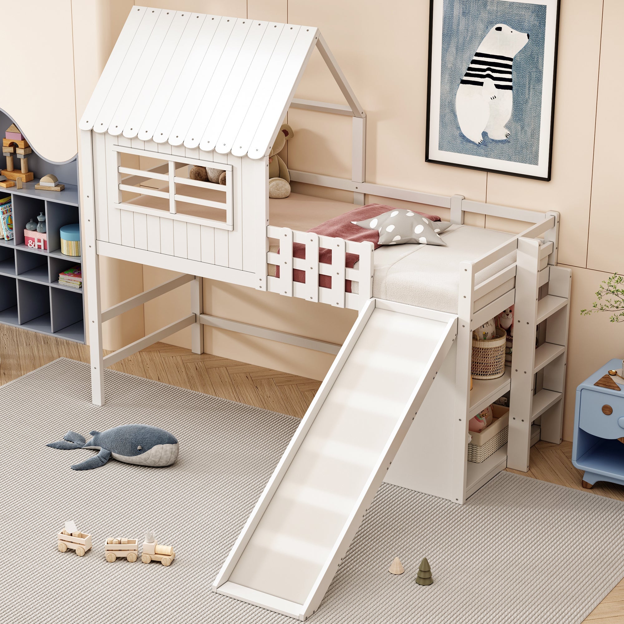 Logidon kinderbed 90x200 wit hoogslaper met ladderglijbaan