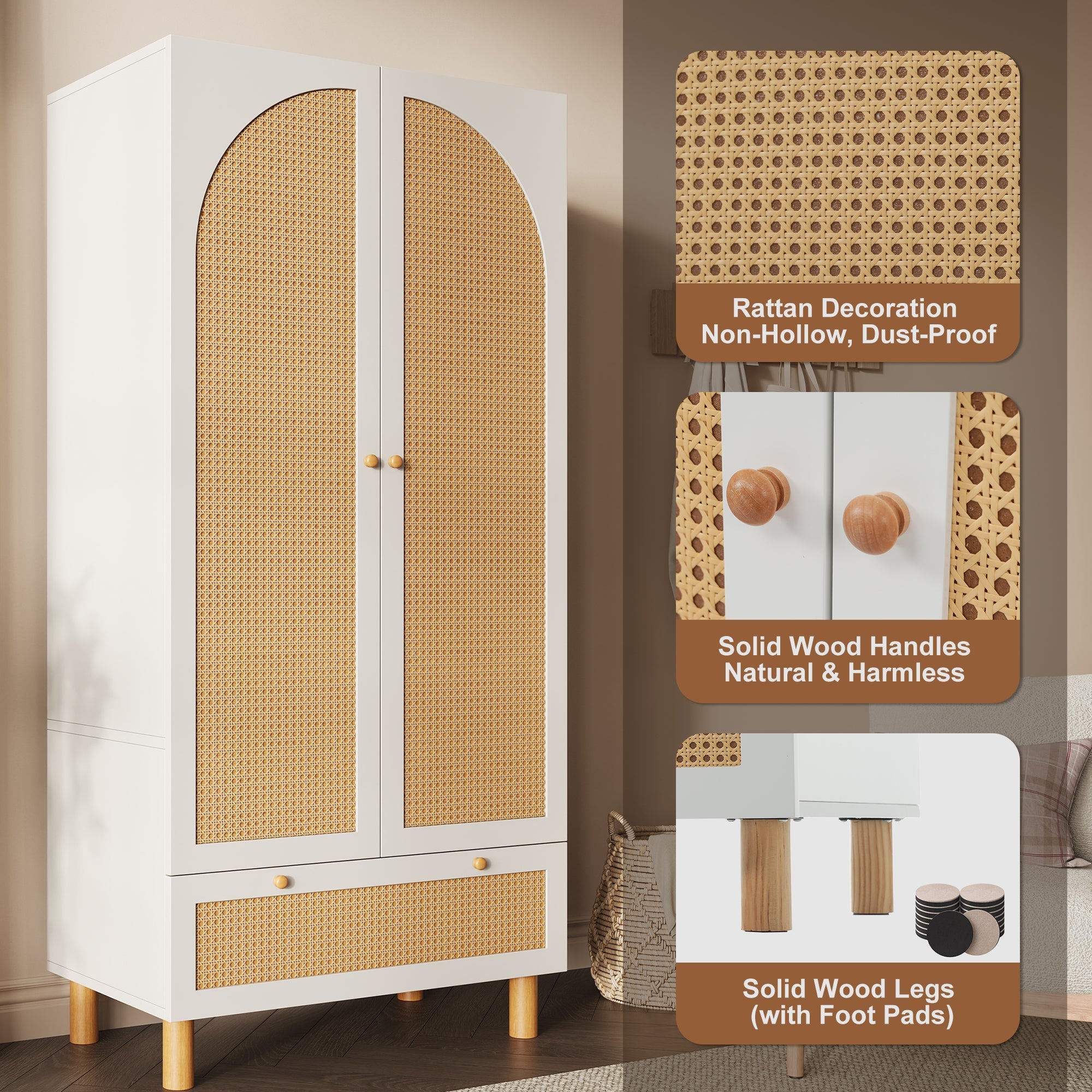 Logidon kledingkast wit met rotan deuren 180x85x52 cm landelijke stijl