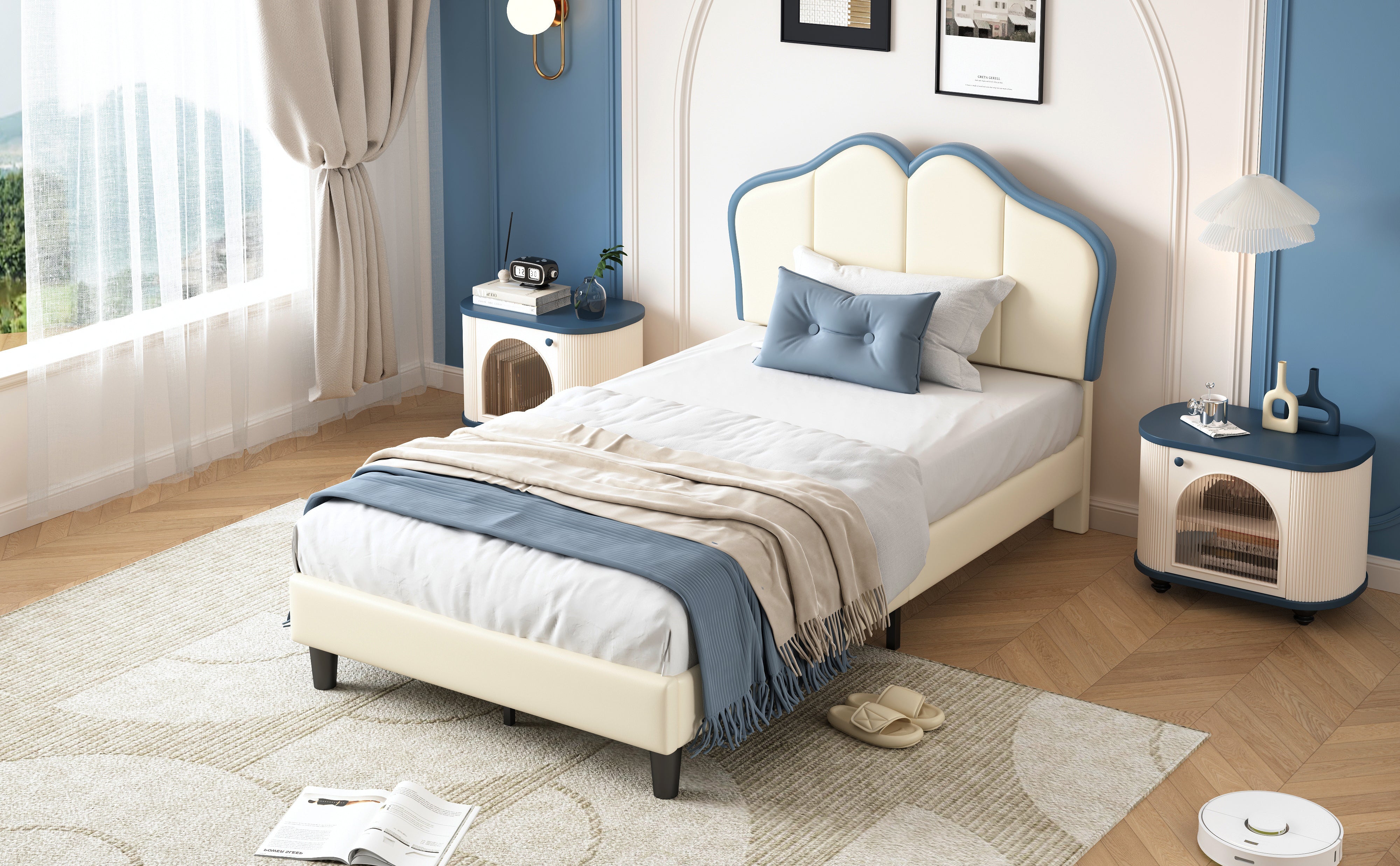 Logidon gestoffeerd bed 90x200 kinderbed wit blauw met zachte beschermranden