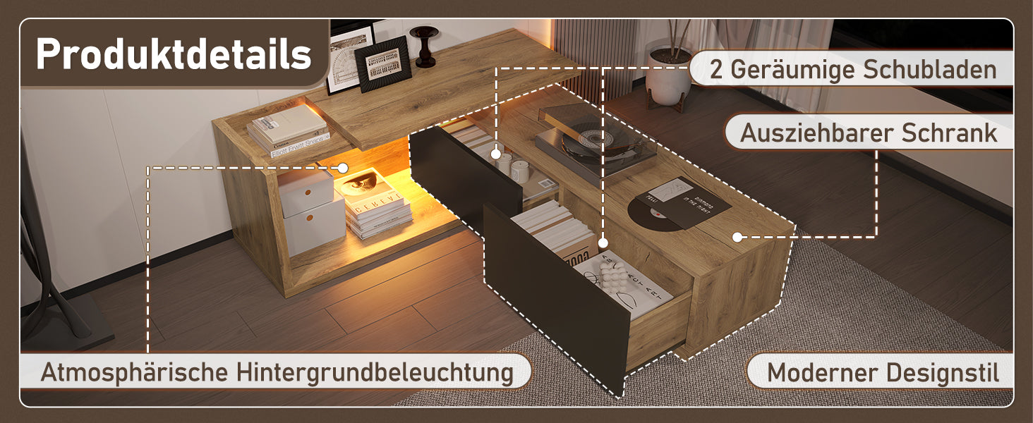 Logidon modulair tv-meubel met LED-verlichting en uittrekmodule