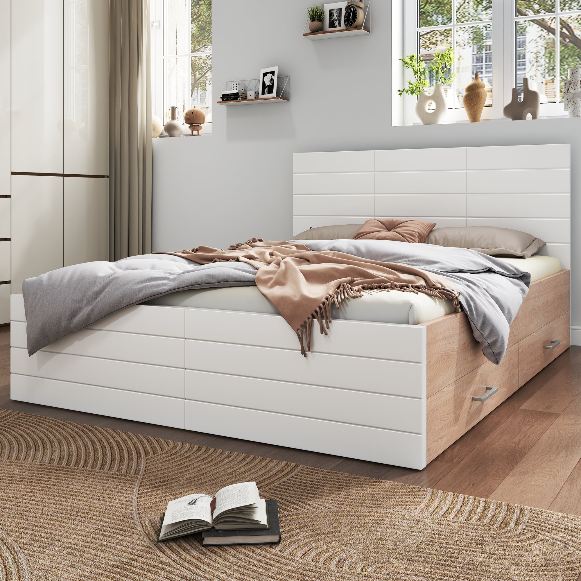 Logidon tweepersoonsbed 160x200 cm wit eiken met lattenbodem en 2 lades