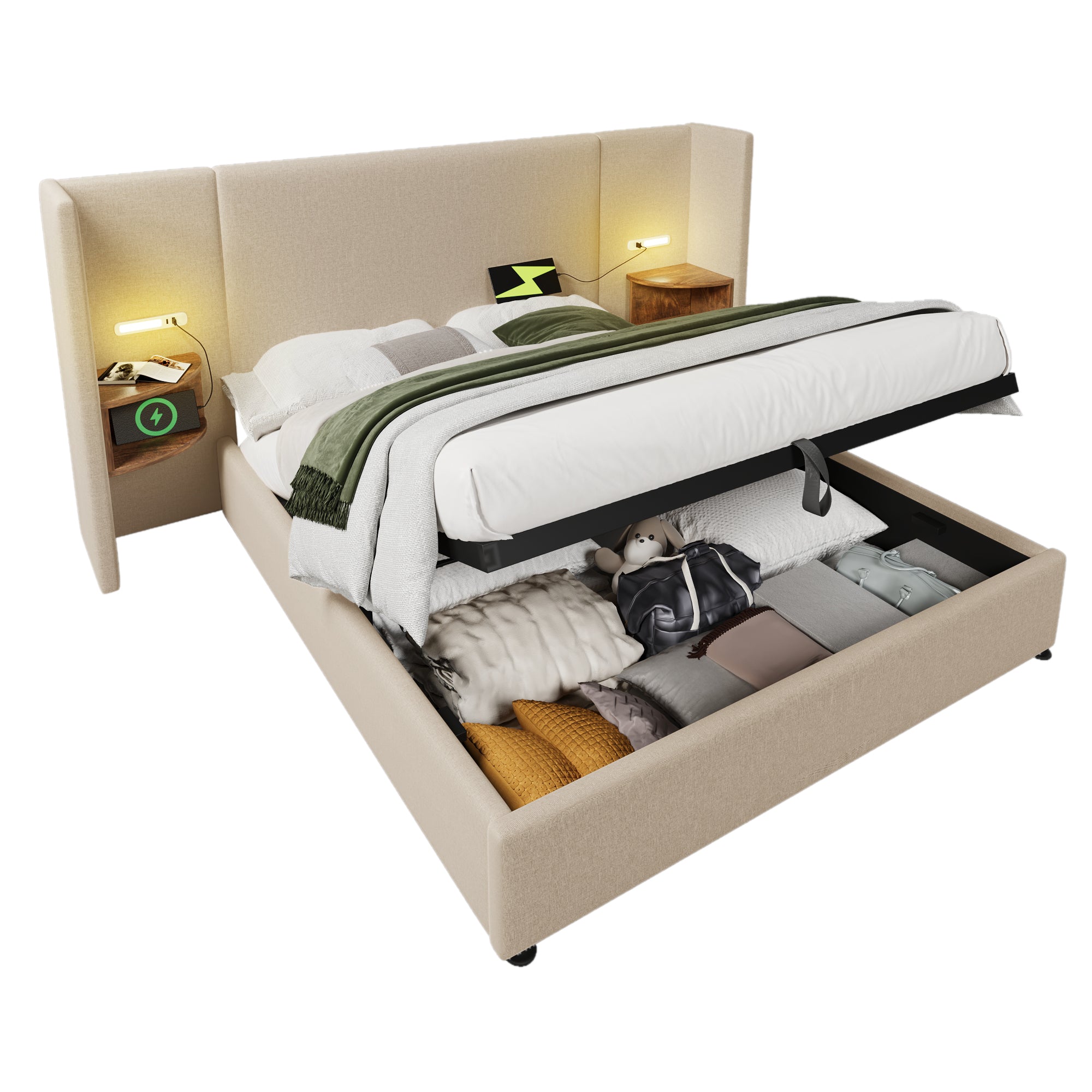 Logidon gestoffeerd bed tweepersoonsbed 180x200 met nachtkastje USB C oplaadfunctie