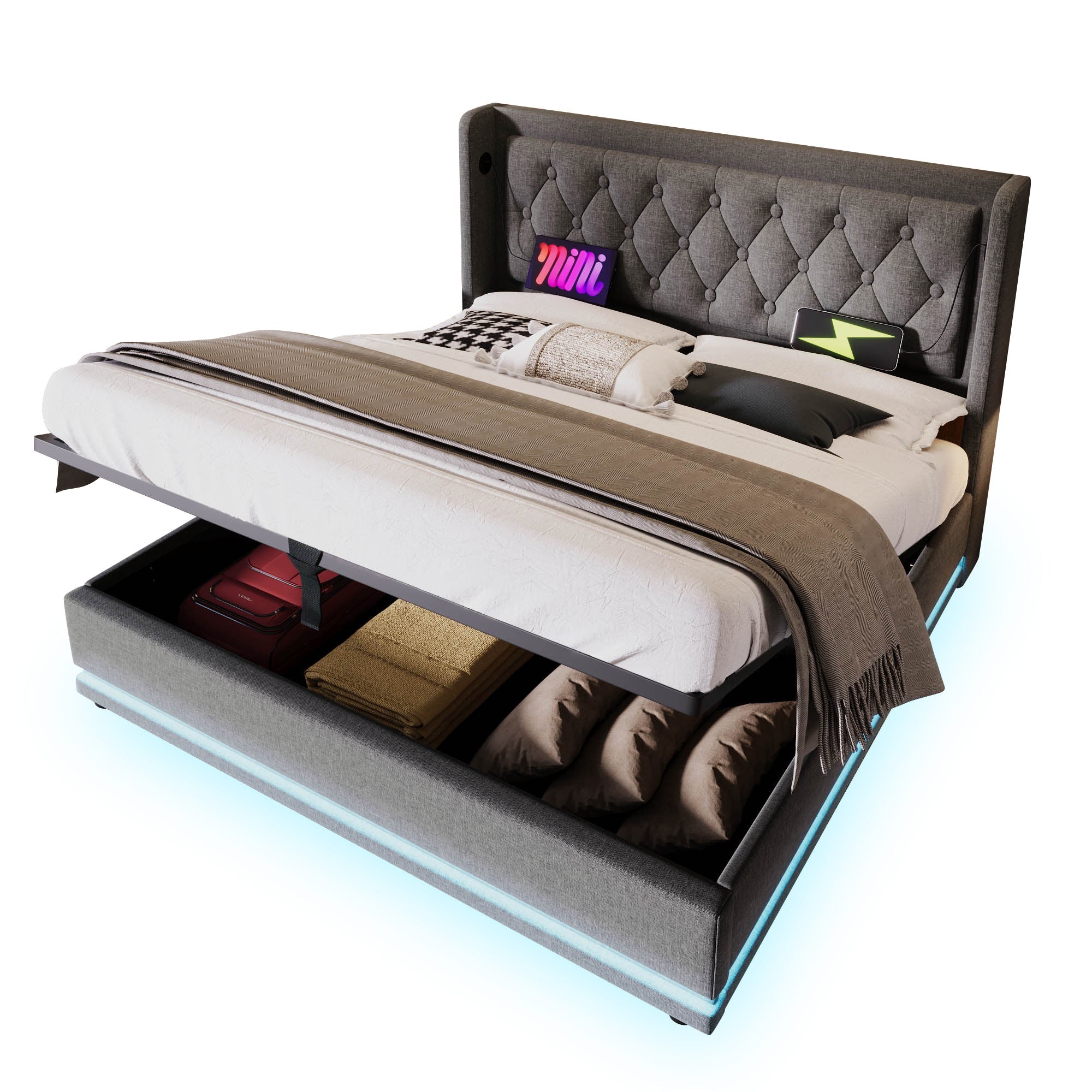 Logidon gestoffeerd bed 160x200 cm grijs fluweel opbergruimte USB-C oplaadfunctie