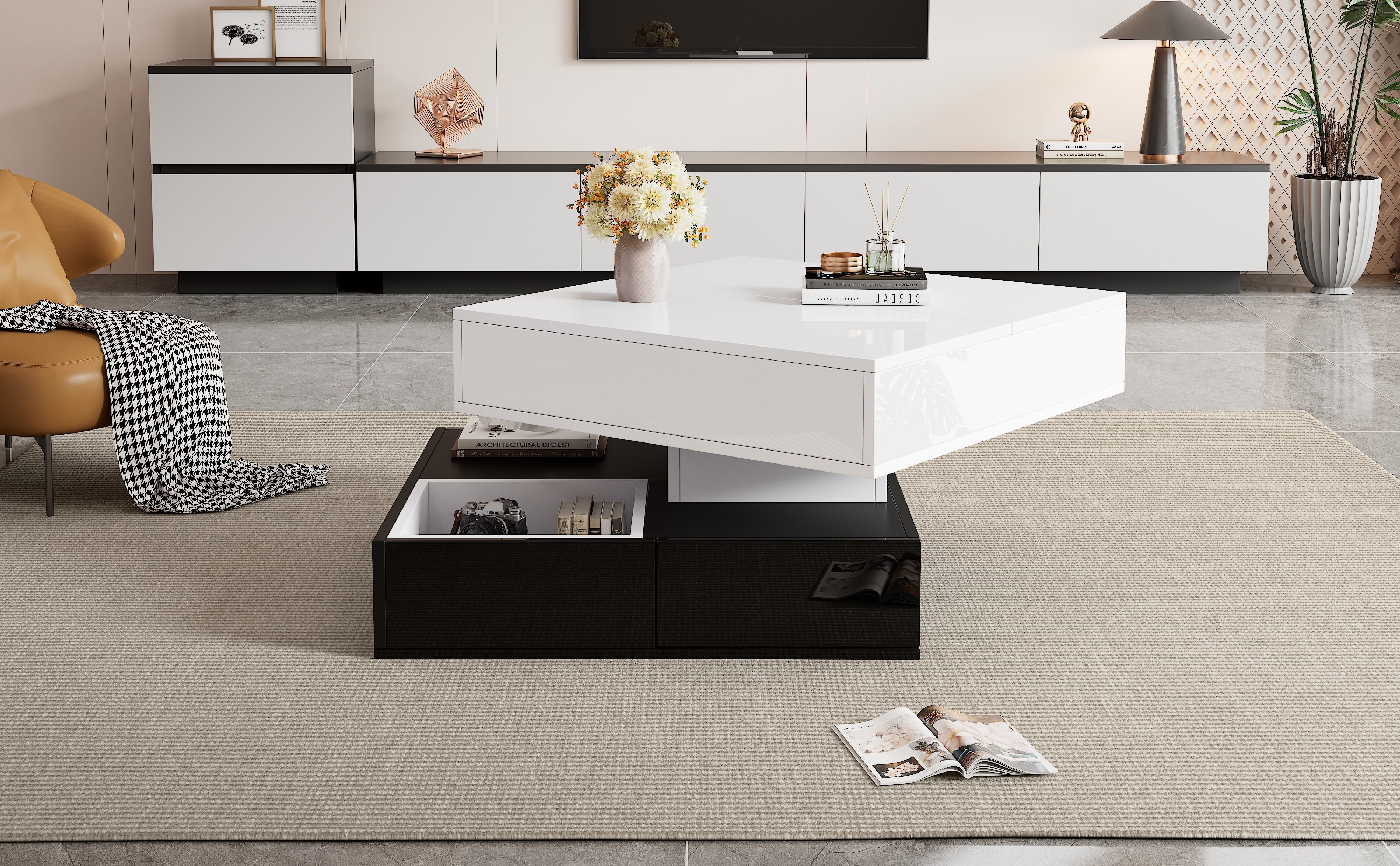 Logidon salontafel 70x70 hefblad 360 graden draaibaar 3 lades wit