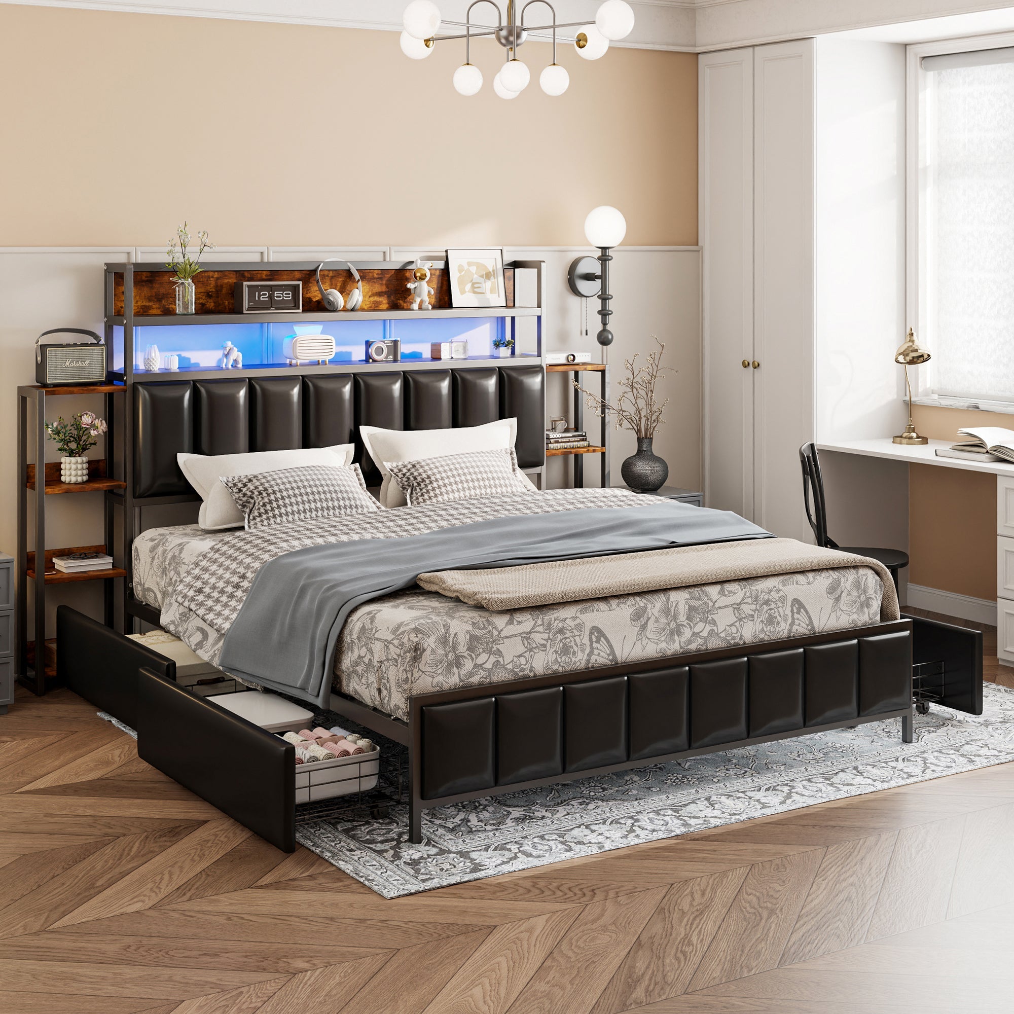 Logidon upholstered bed 160x200 cm with LED lighting storage space black