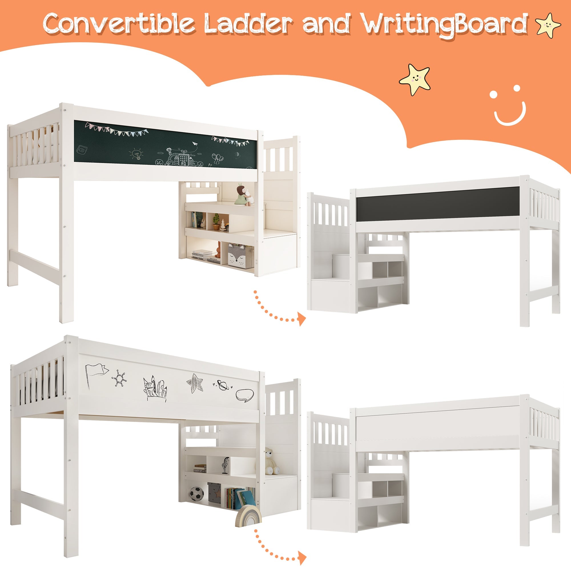 Logidon hoogslaper 90x200 kinderbed met whiteboard wit