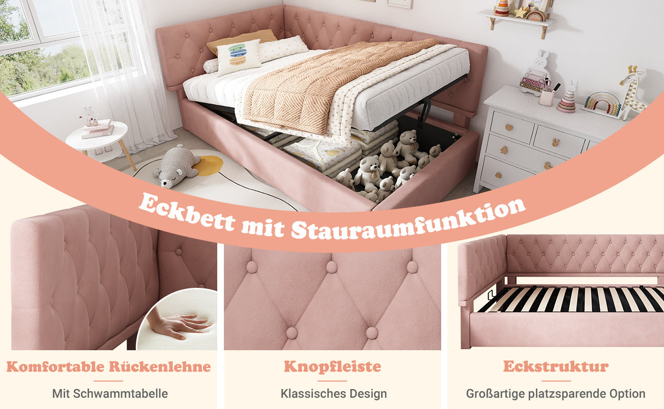 Logidon slaapbank 90x190 roze fluweel met hydraulische opbergruimte