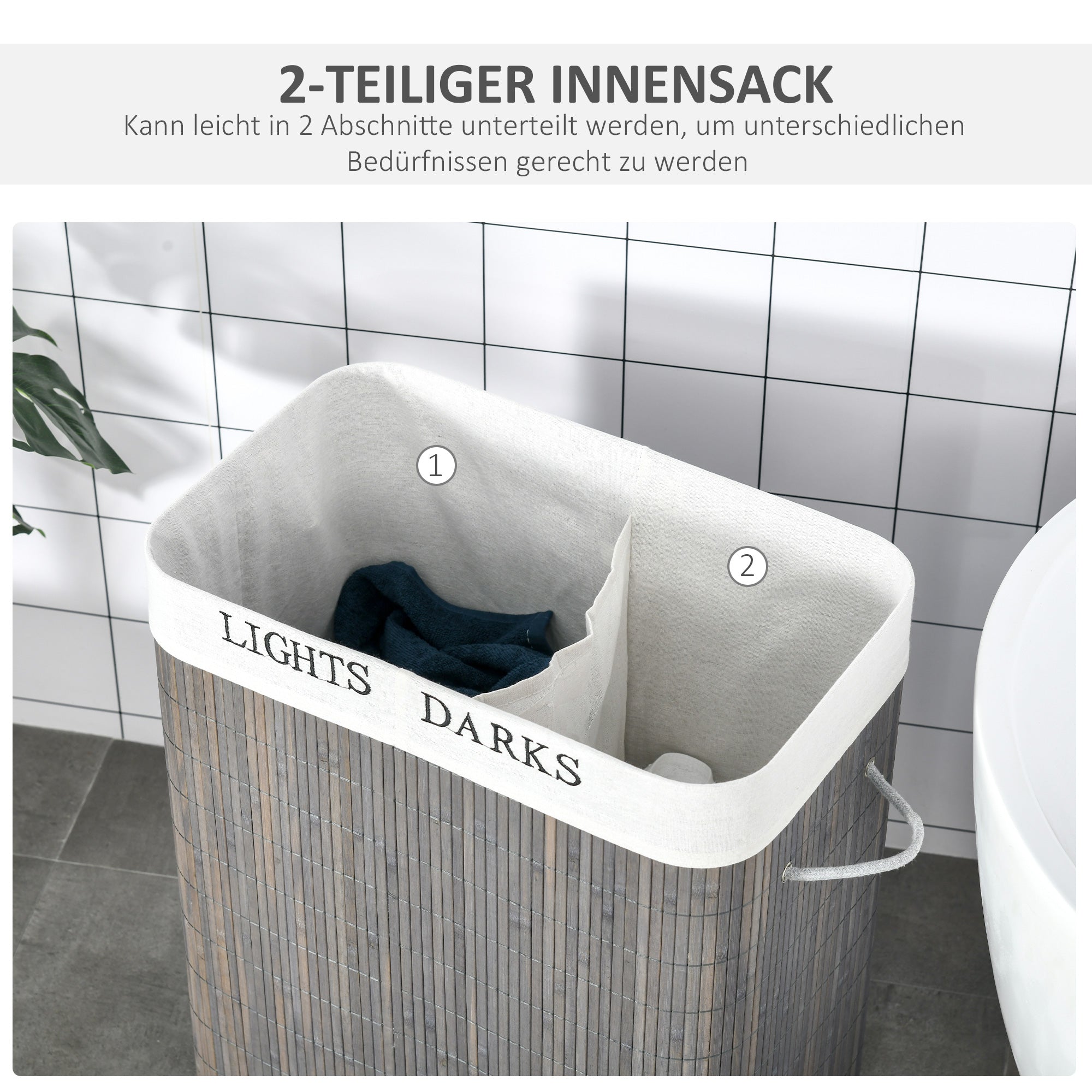 Logidon Wasmand 100L Met 2 Vakken Bamboe Grijs Opvouwbare Deksel