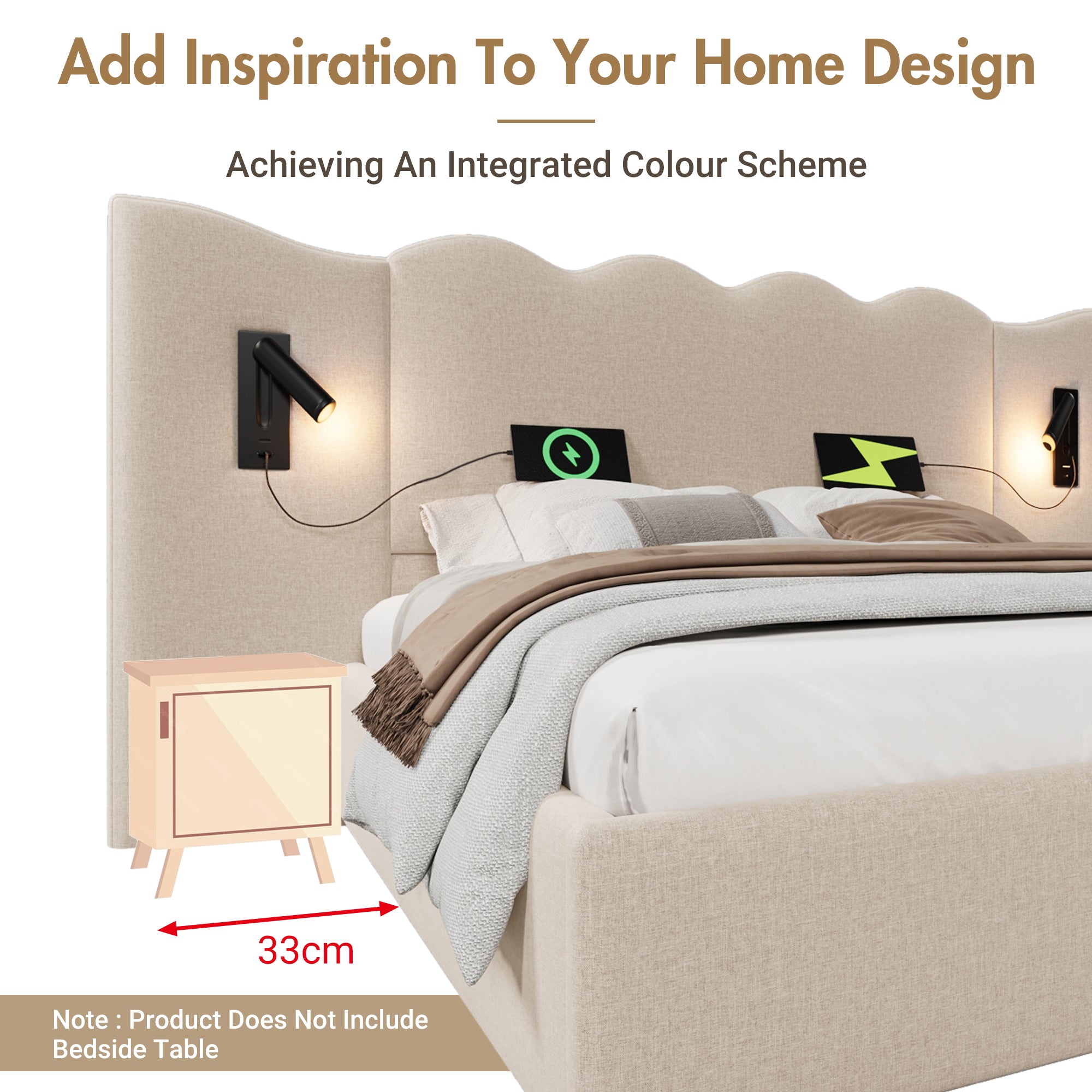 Logidon upholstered bed double bed 180x200 reading lamp USB C beige linen