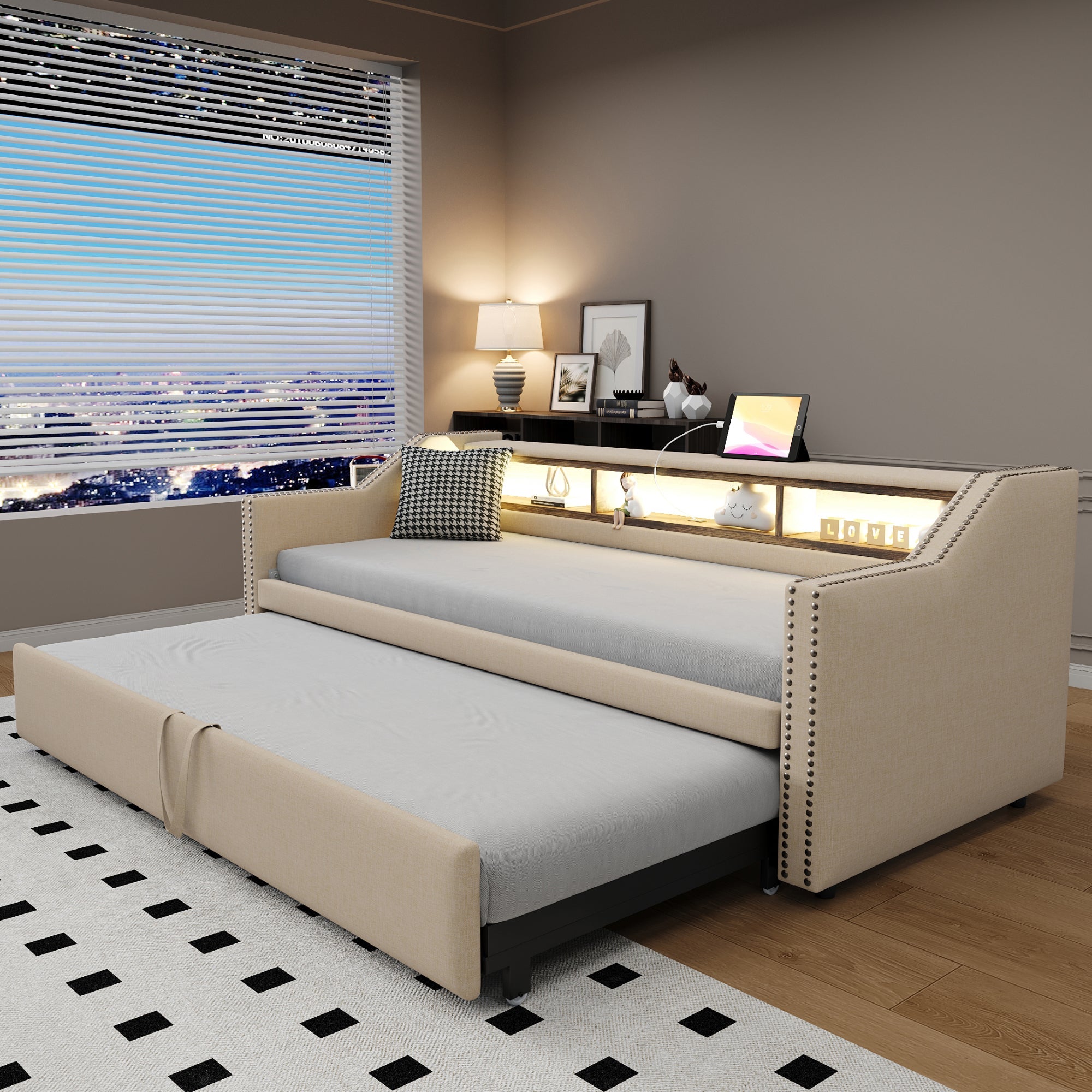 Logidon Upholstered Bed Extendable Sofa Bed 90/180 X 190 Beige Storage Compartment