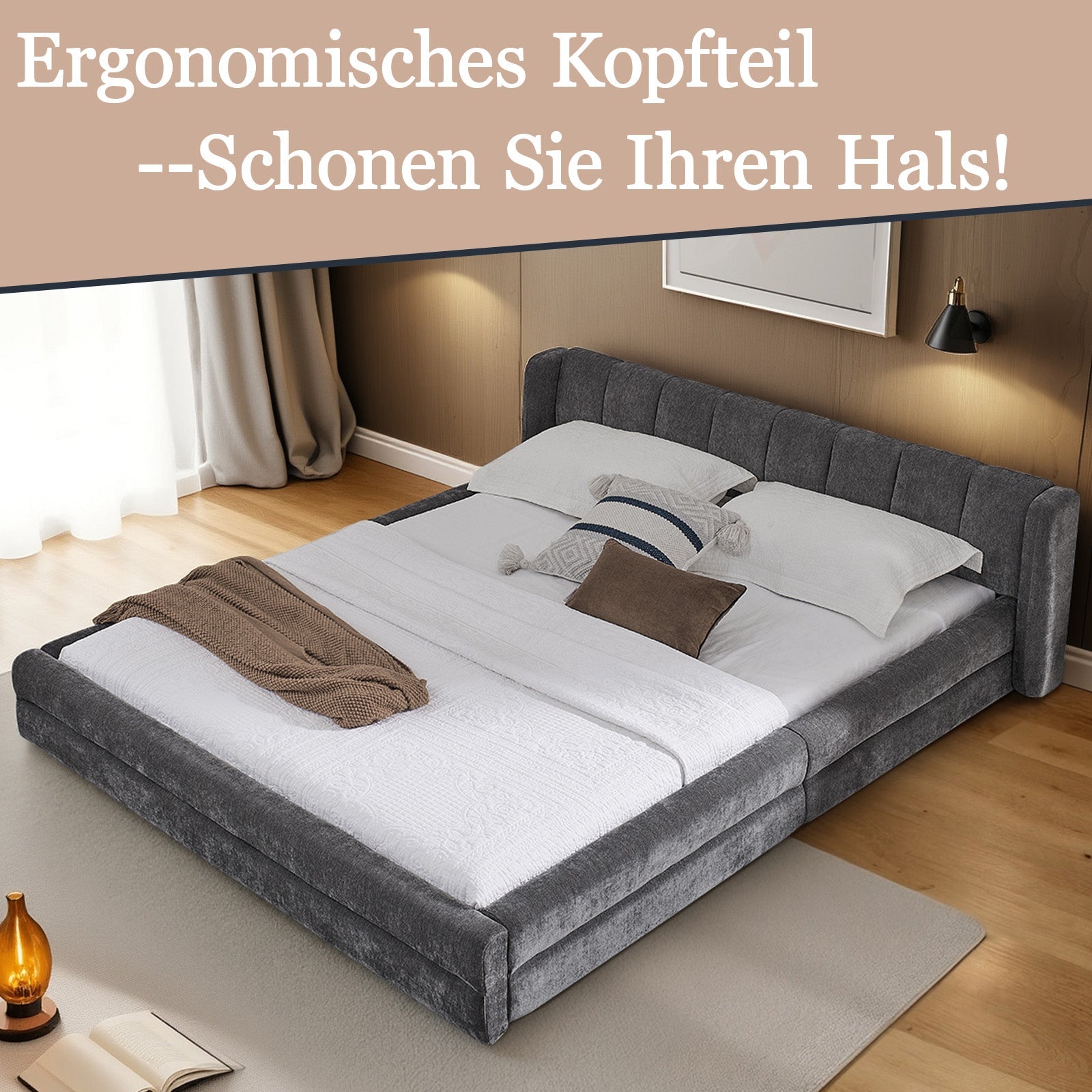 Logidon tweepersoonsbed 140x200 cm donkergrijs chenille met rugleuning
