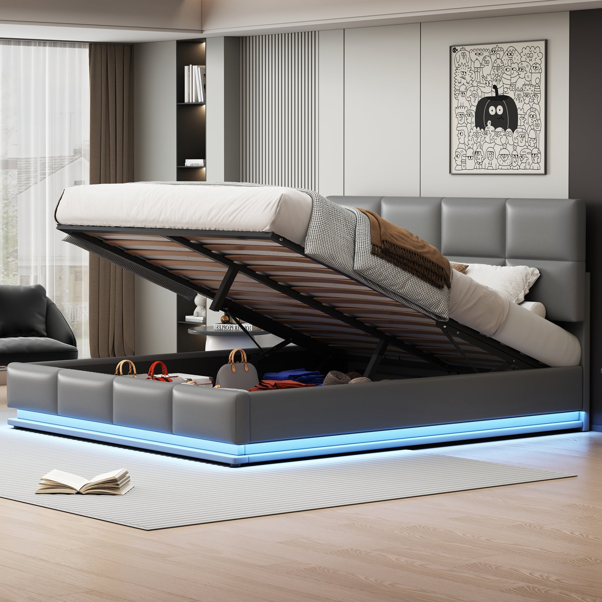 Logidon gestoffeerd bed 180x200 cm LED verlichting hydraulische bedbox cementgrijs