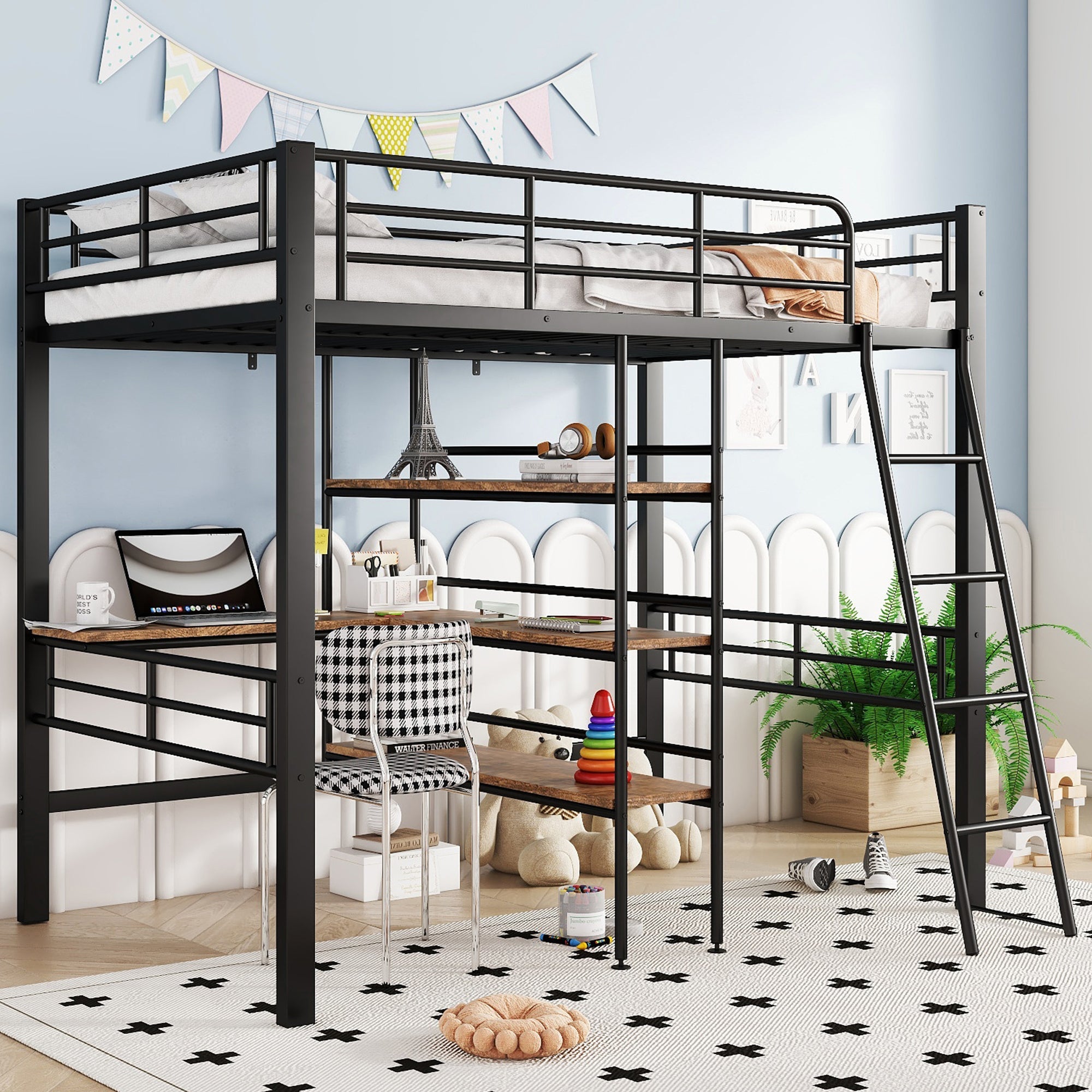 Logidon hoogslaper 90x200 cm met bureau, metalen frame zwart