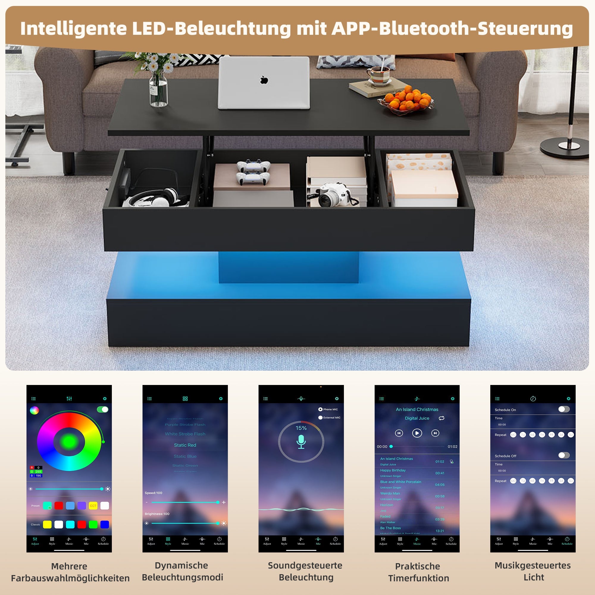 Logidon LED Salontafel met verborgen opbergruimte 100x50 cm Zwart