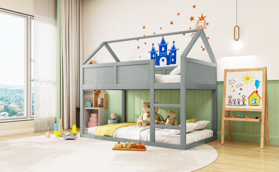 Logidon laag kinderbed 90x200 grijs met trap massief hout