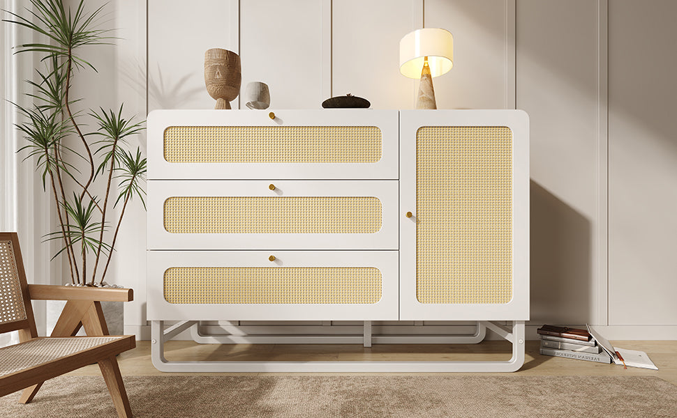 Logidon ladekast met rotan en gouden handgrepen wit 3 lades 1 deur