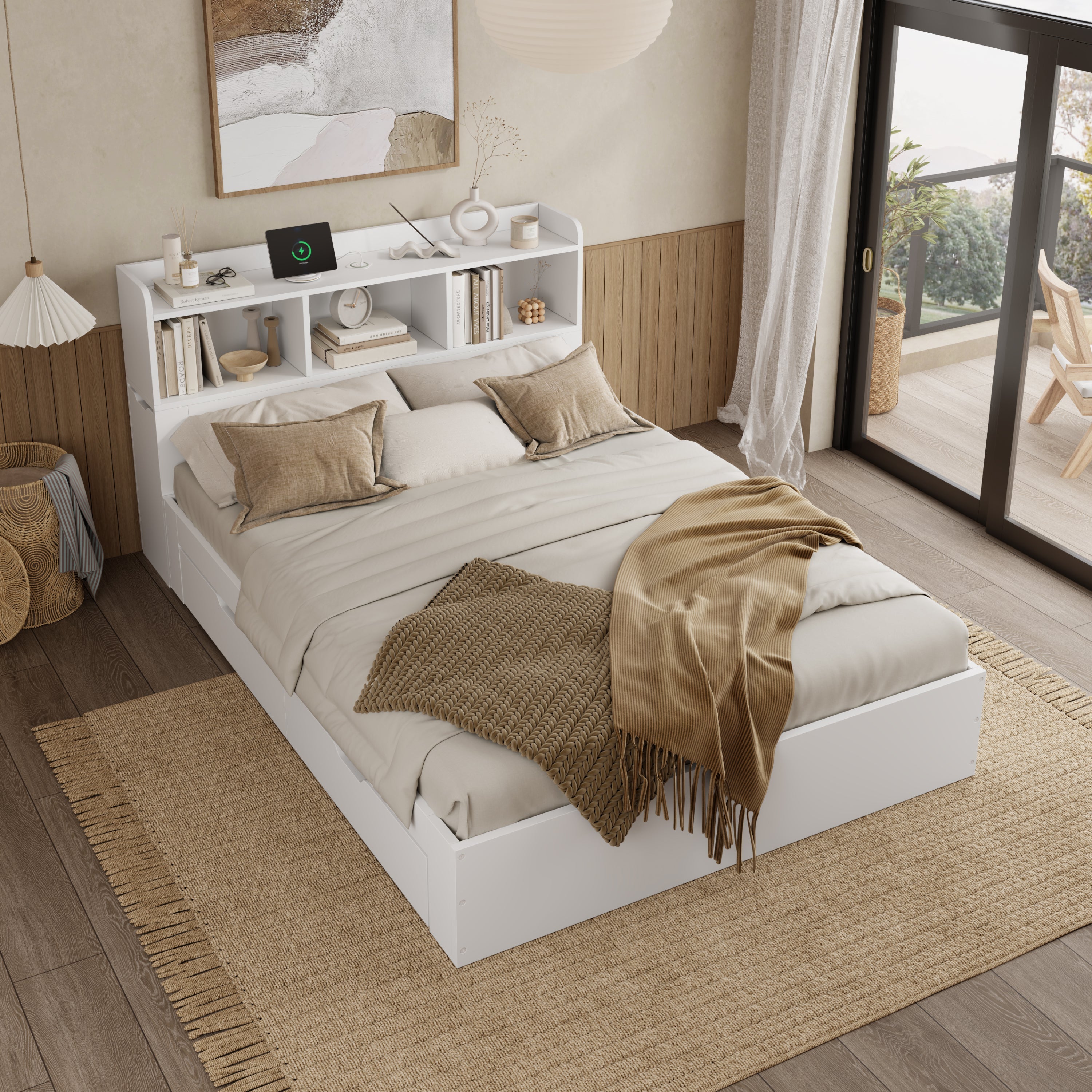 Logidon tweepersoonsbed 140x200 wit met lattenbodem uitschuifbare nachtkastjes
