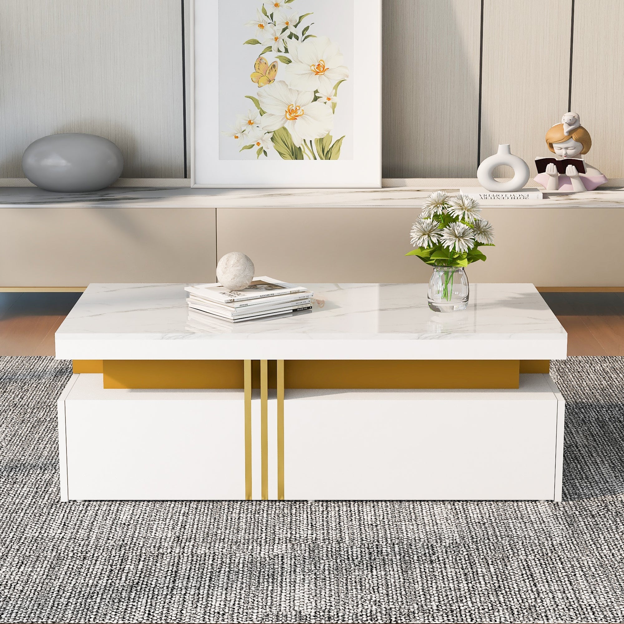 Logidon Modern coffee table high gloss top, 2 drawers, 100x50 cm