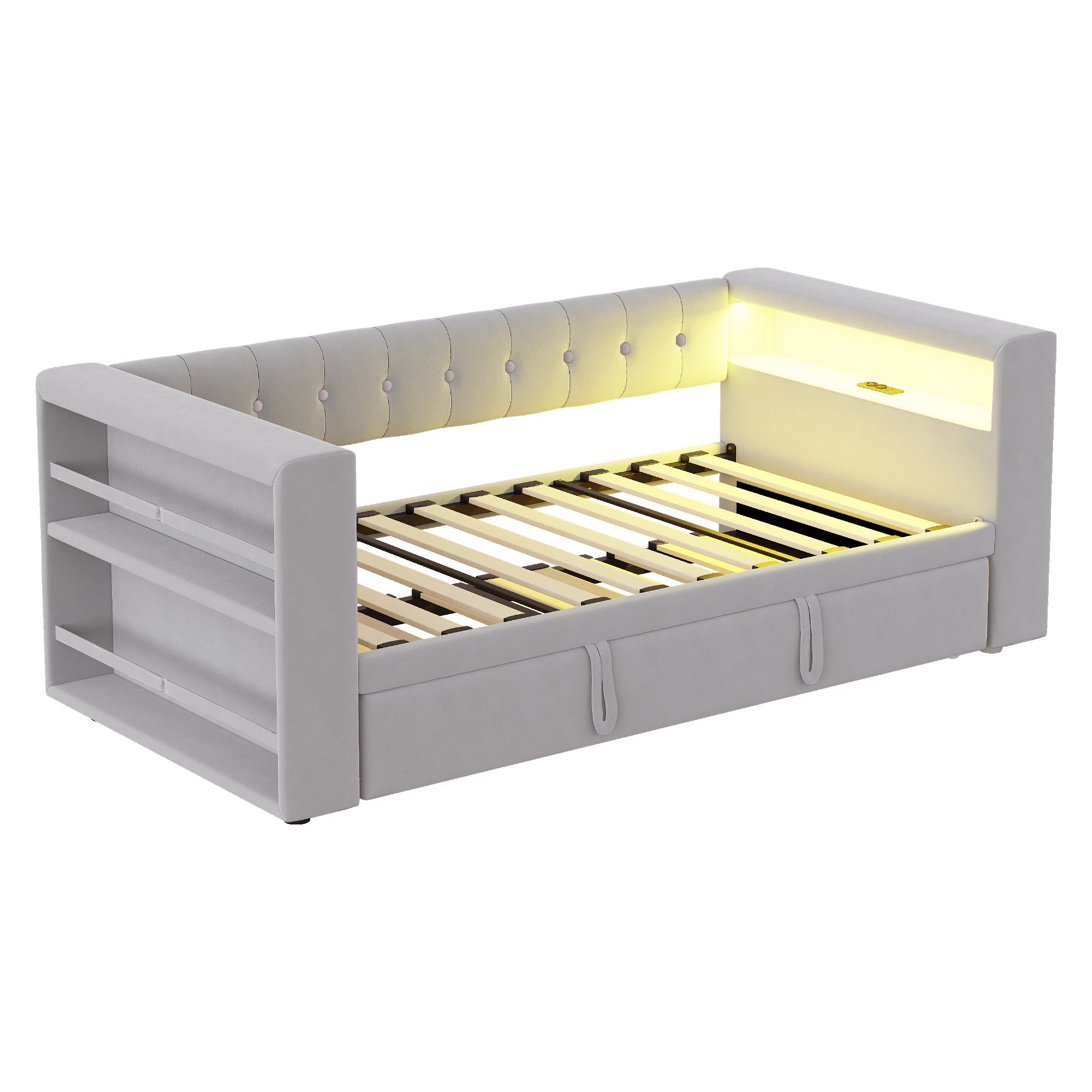 Logidon gestoffeerd bed 90-180x190 cm LED-verlichting stopcontacten lichtgrijs