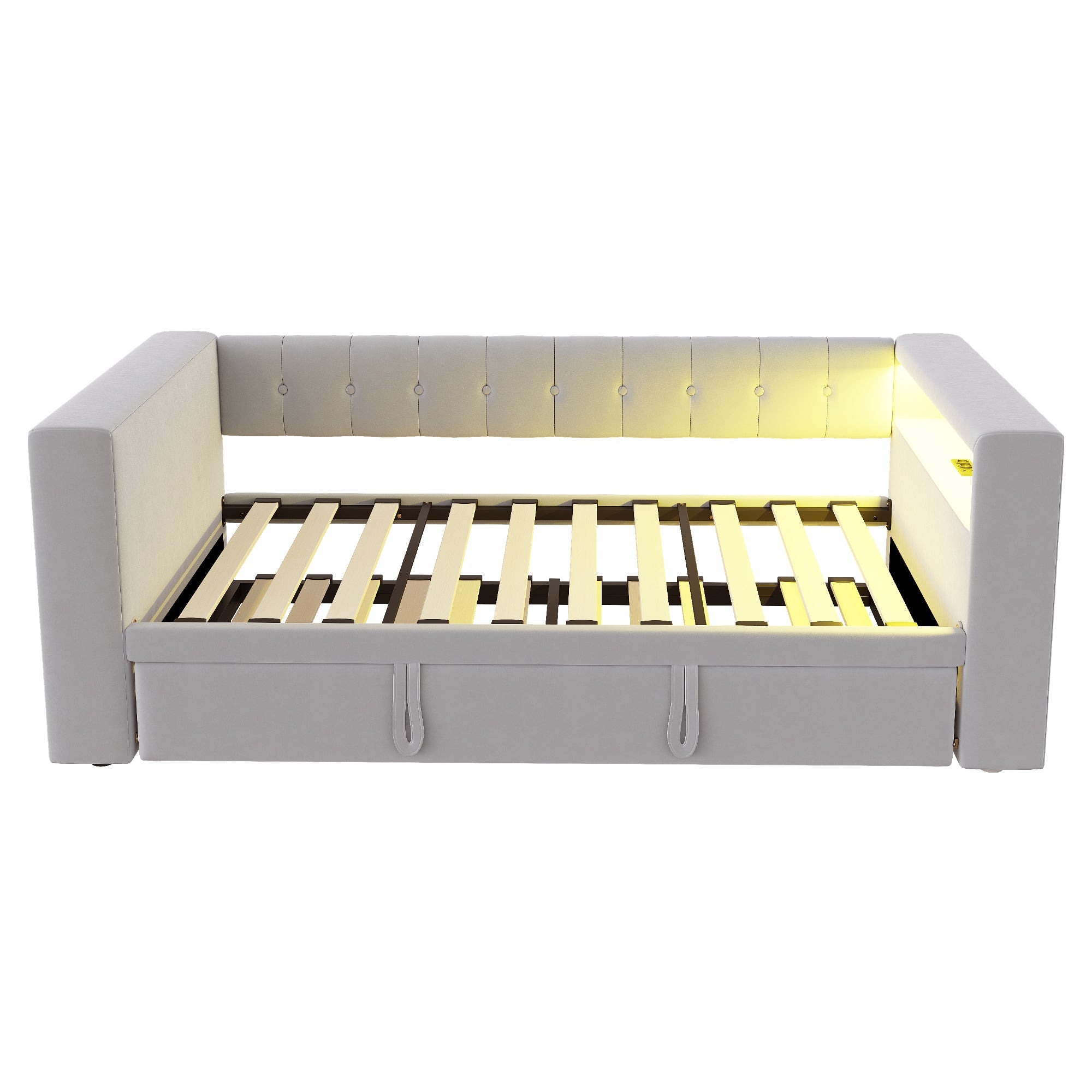 Logidon gestoffeerd bed 90-180x190 cm LED-verlichting stopcontacten lichtgrijs