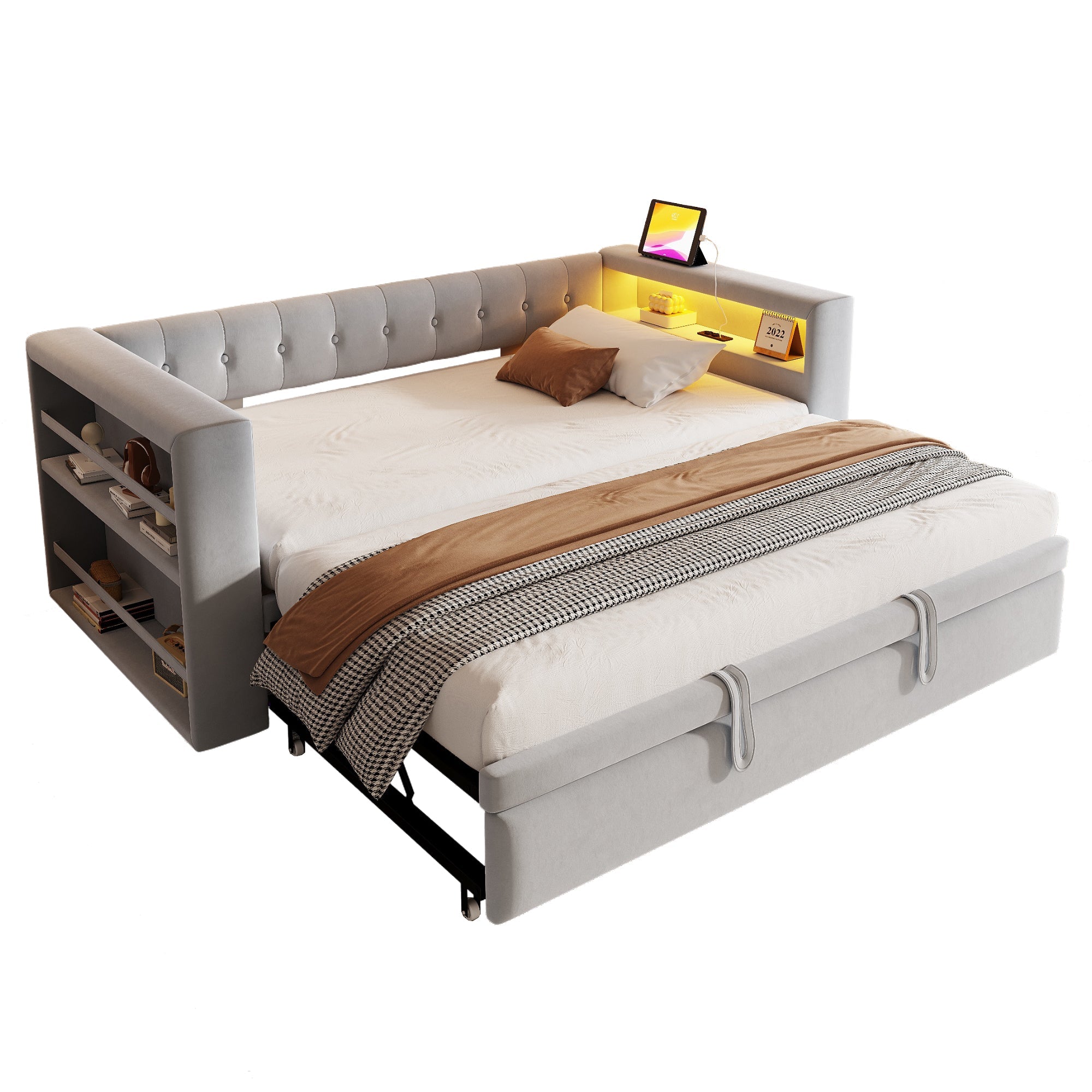 Logidon gestoffeerd bed 90-180x190 cm LED-verlichting stopcontacten lichtgrijs