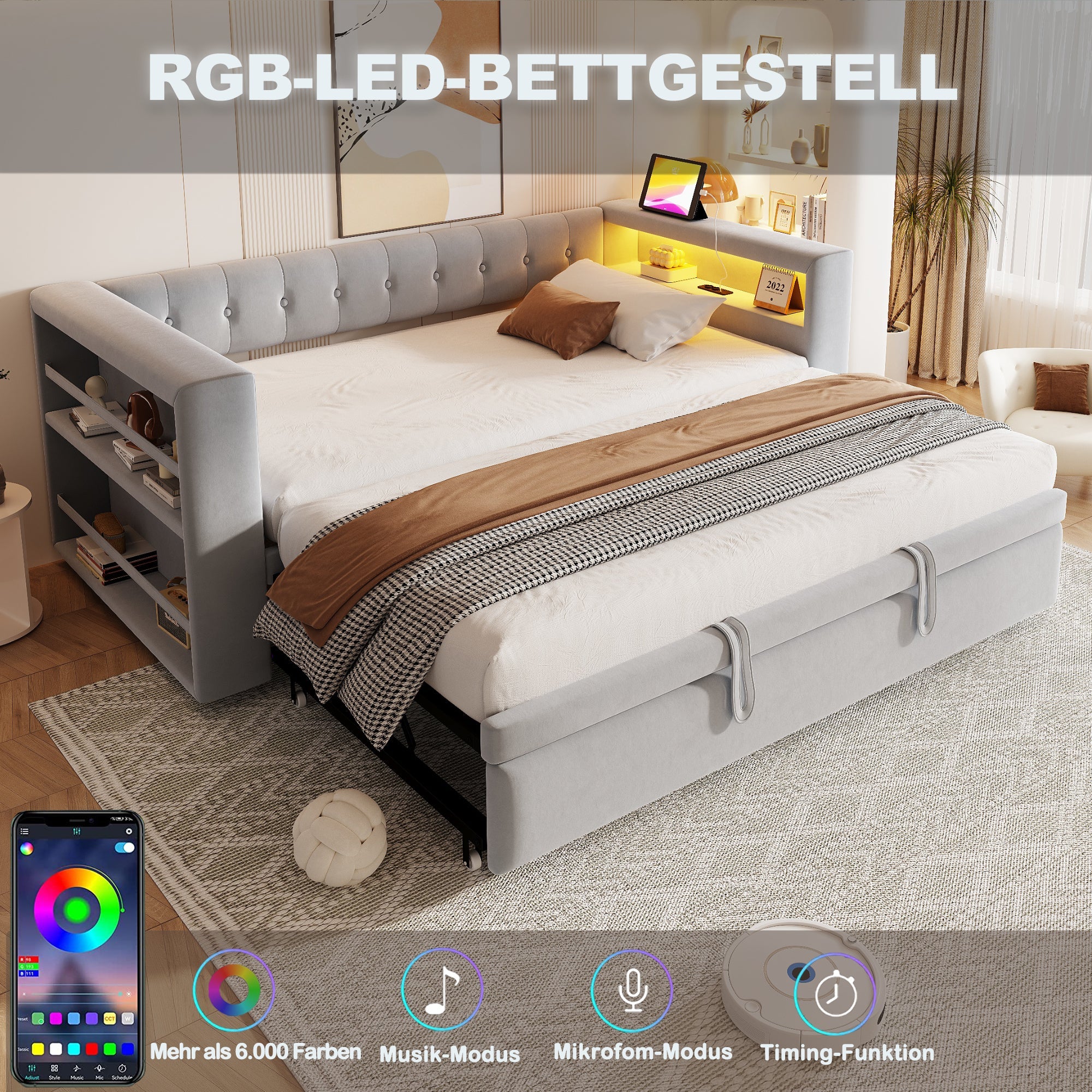 Logidon gestoffeerd bed 90-180x190 cm LED-verlichting stopcontacten lichtgrijs