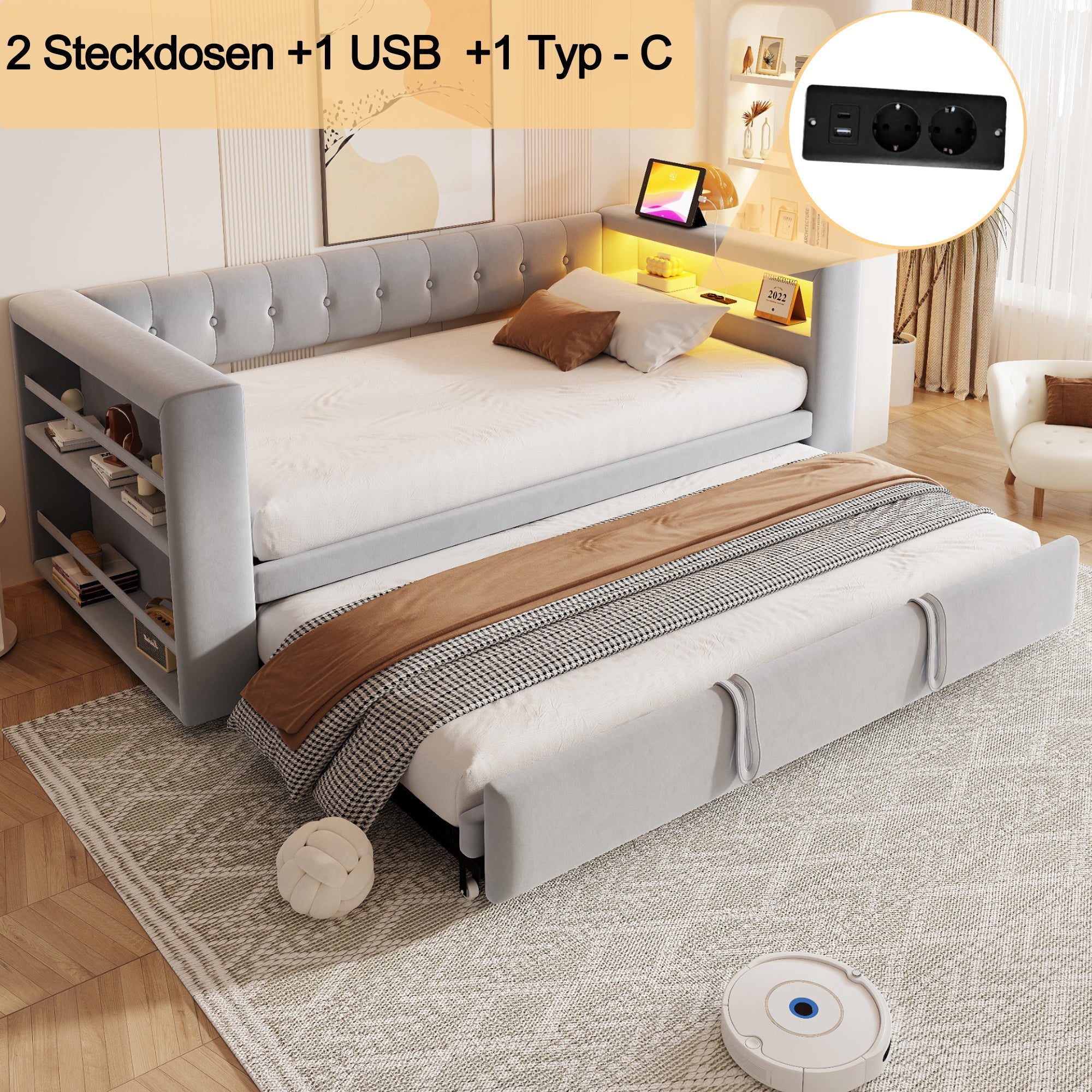 Logidon gestoffeerd bed 90-180x190 cm LED-verlichting stopcontacten lichtgrijs