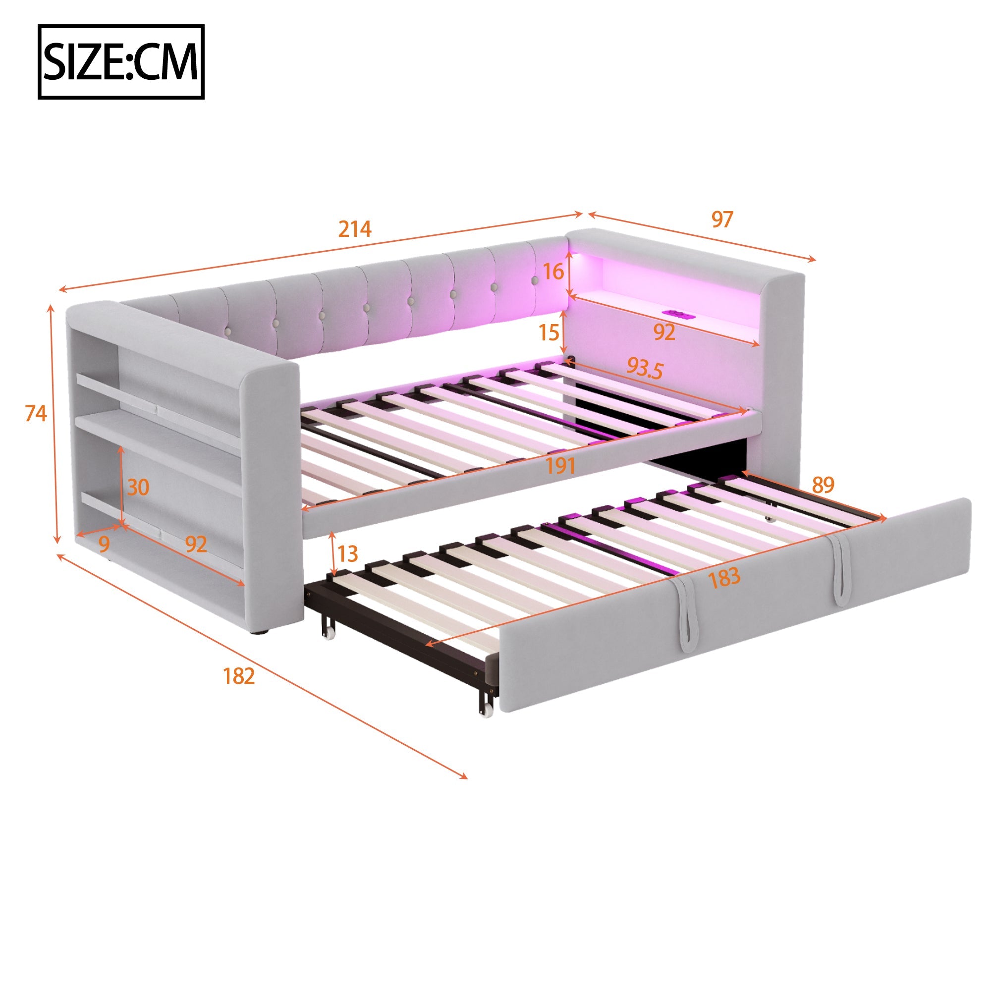 Logidon gestoffeerd bed 90-180x190 cm LED-verlichting stopcontacten lichtgrijs