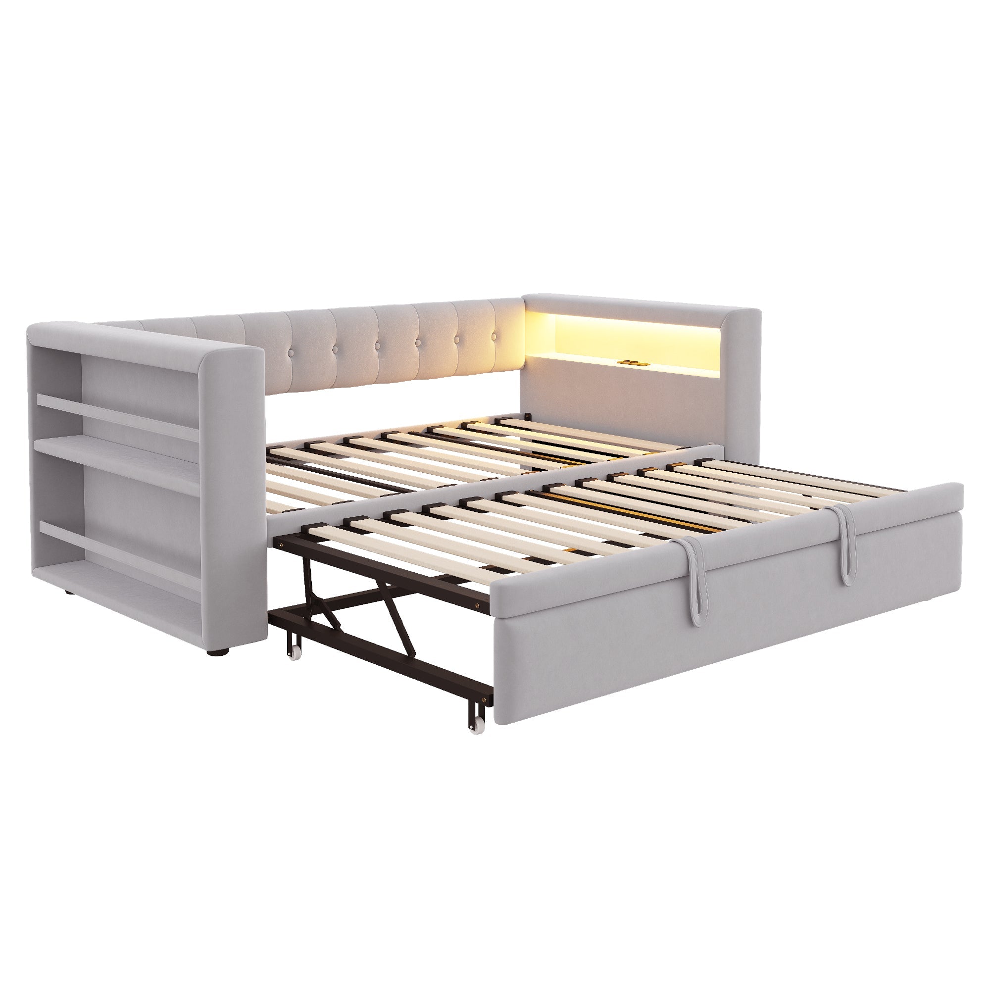 Logidon gestoffeerd bed 90-180x190 cm LED-verlichting stopcontacten lichtgrijs