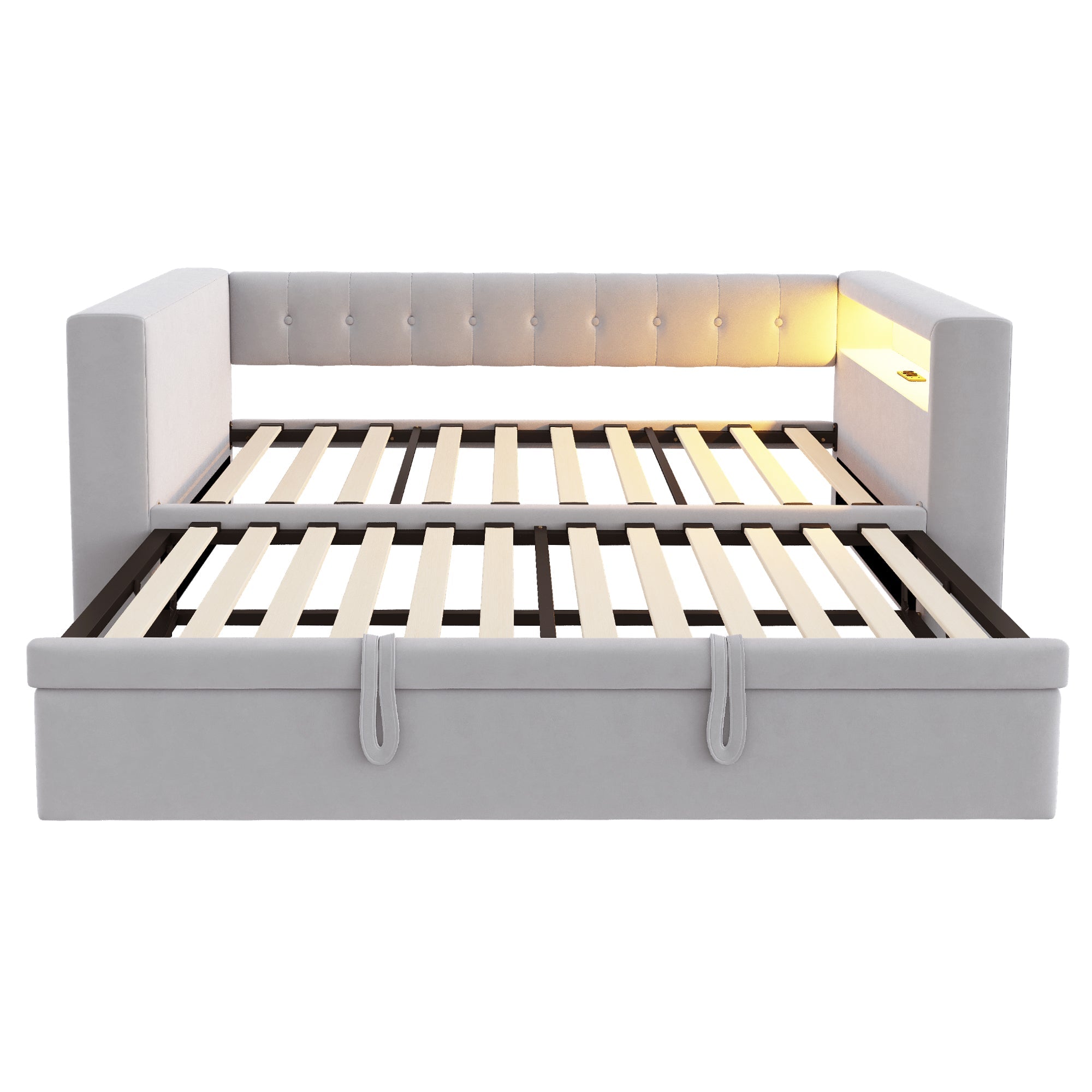 Logidon gestoffeerd bed 90-180x190 cm LED-verlichting stopcontacten lichtgrijs