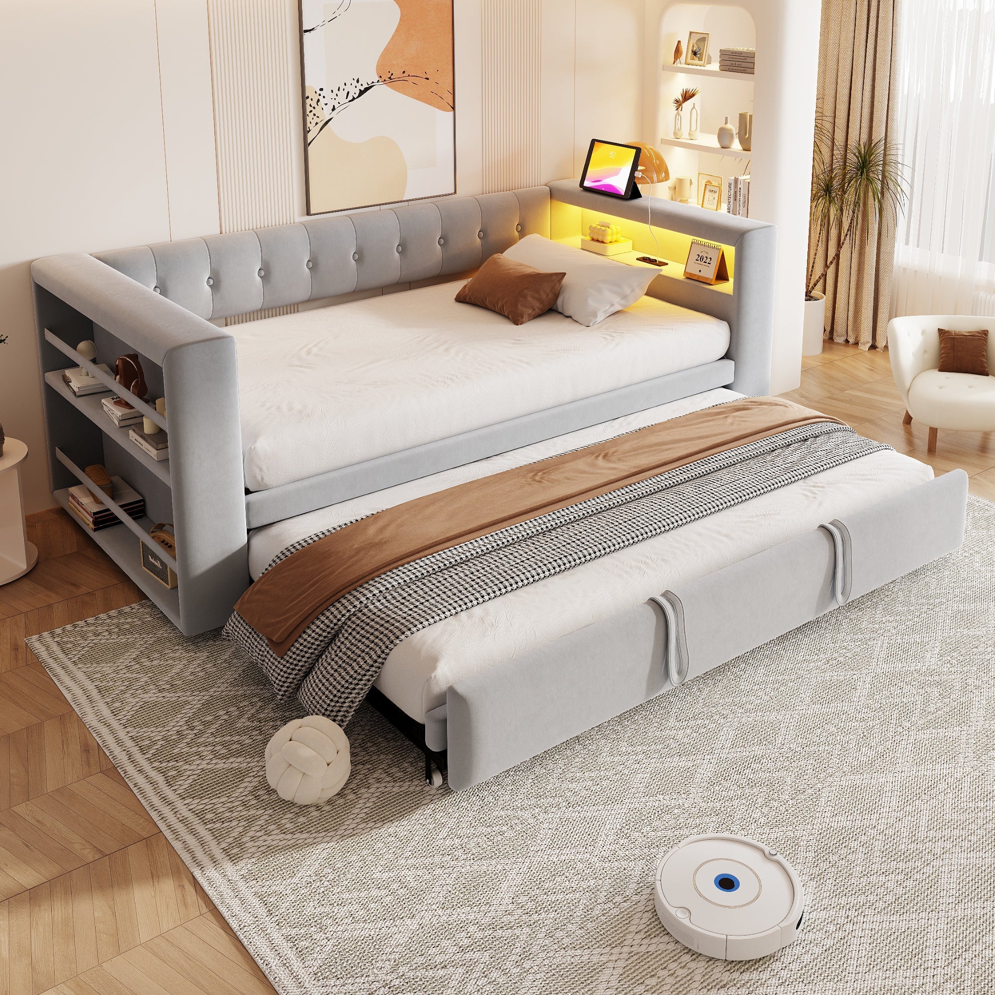 Logidon gestoffeerd bed 90-180x190 cm LED-verlichting stopcontacten lichtgrijs