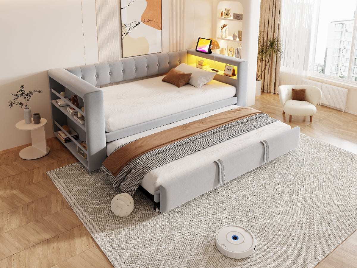 Logidon gestoffeerd bed 90-180x190 cm LED-verlichting stopcontacten lichtgrijs