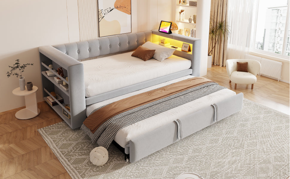 Logidon gestoffeerd bed 90-180x190 cm LED-verlichting stopcontacten lichtgrijs