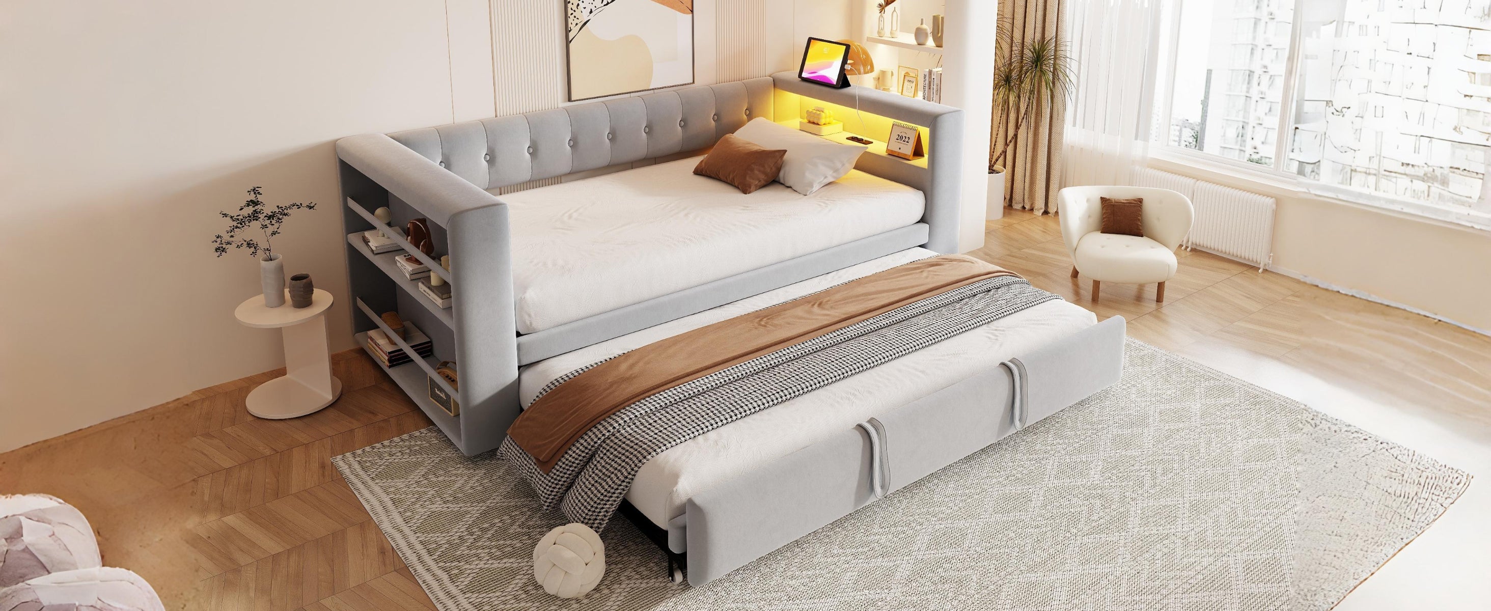 Logidon gestoffeerd bed 90-180x190 cm LED-verlichting stopcontacten lichtgrijs