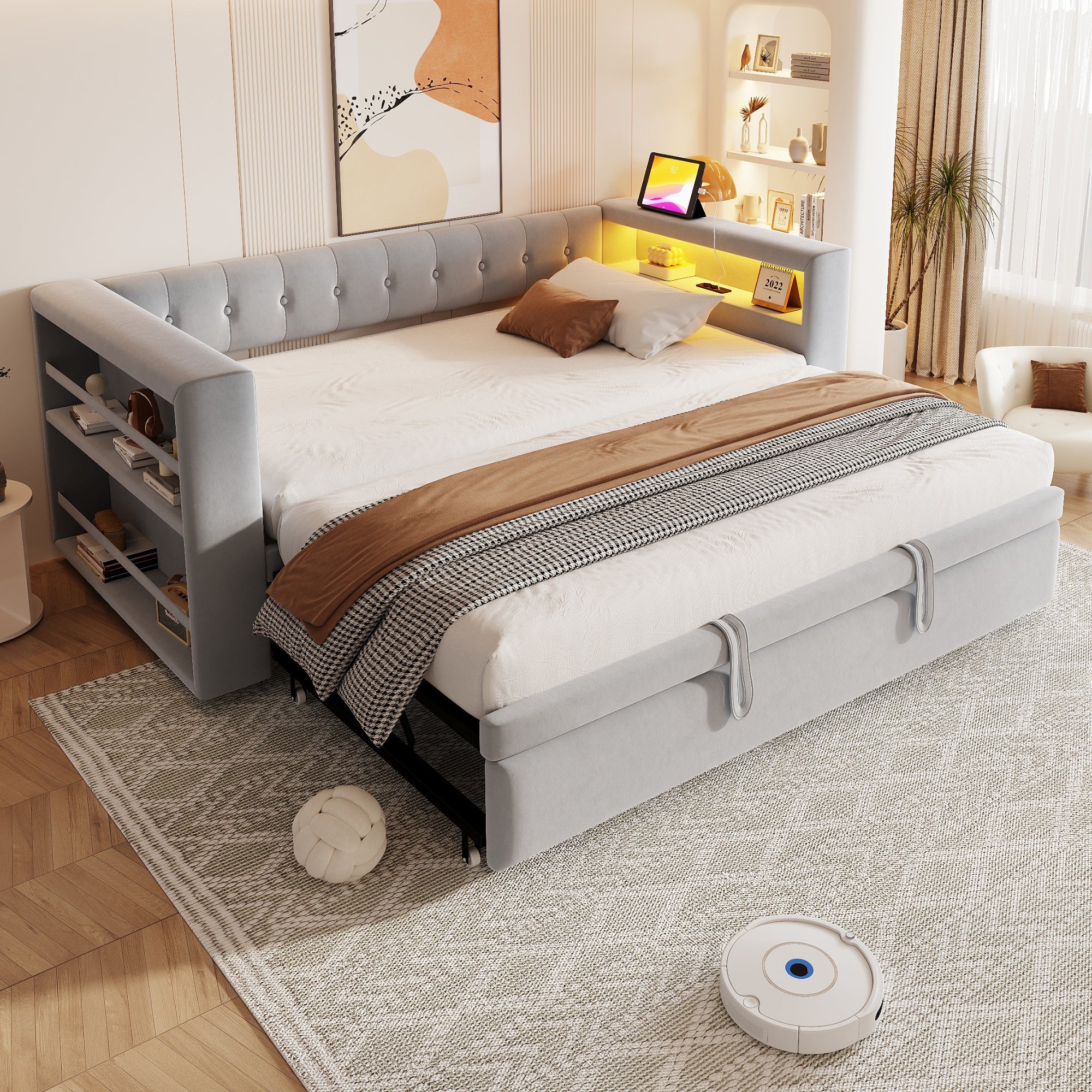 Logidon gestoffeerd bed 90-180x190 cm LED-verlichting stopcontacten lichtgrijs