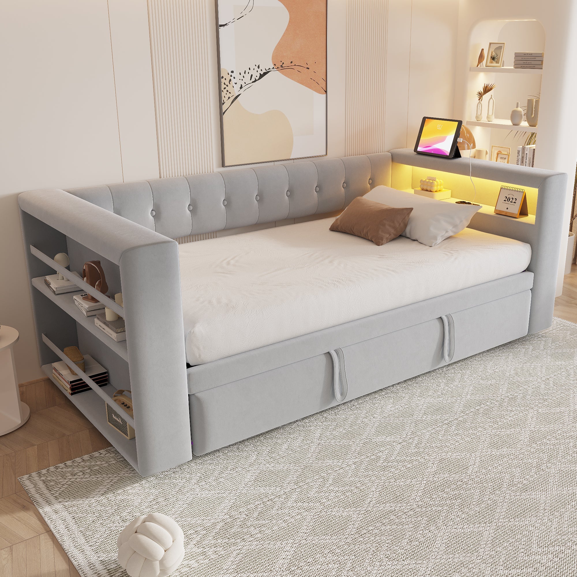 Logidon gestoffeerd bed 90-180x190 cm LED-verlichting stopcontacten lichtgrijs