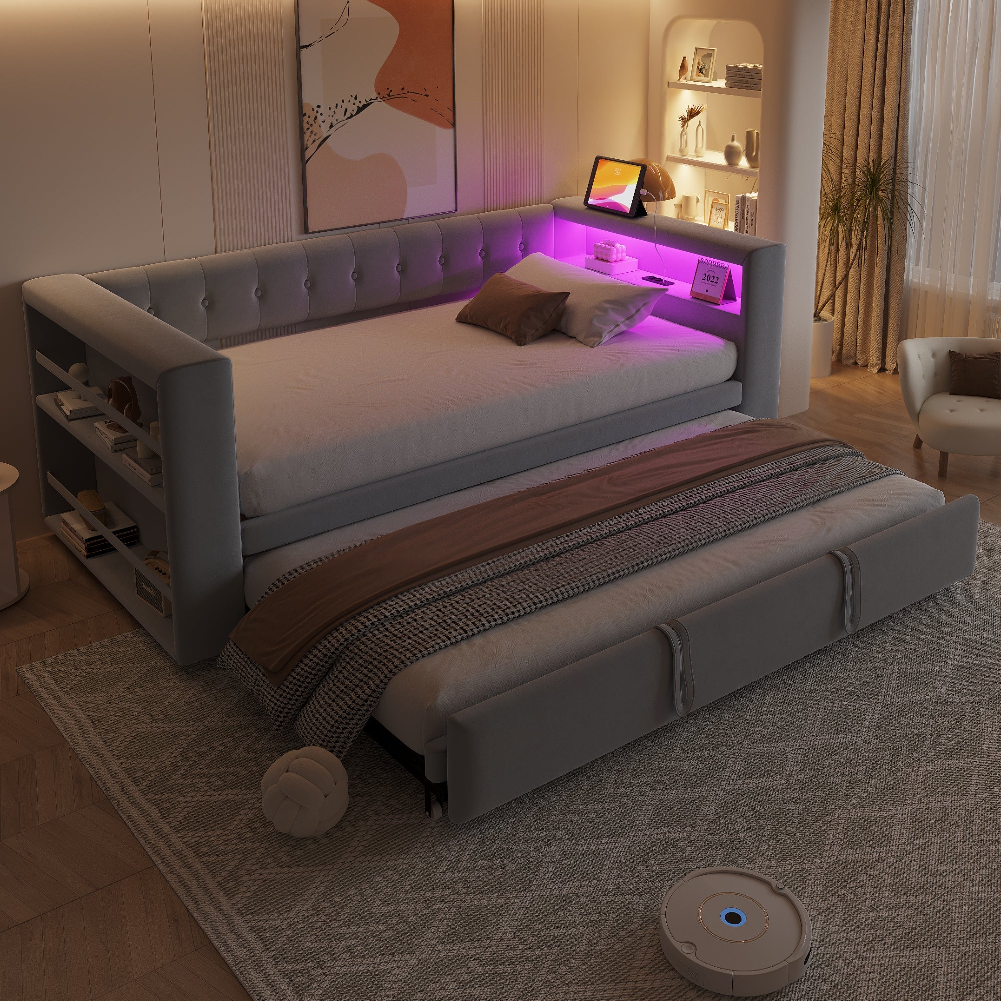 Logidon gestoffeerd bed 90-180x190 cm LED-verlichting stopcontacten lichtgrijs