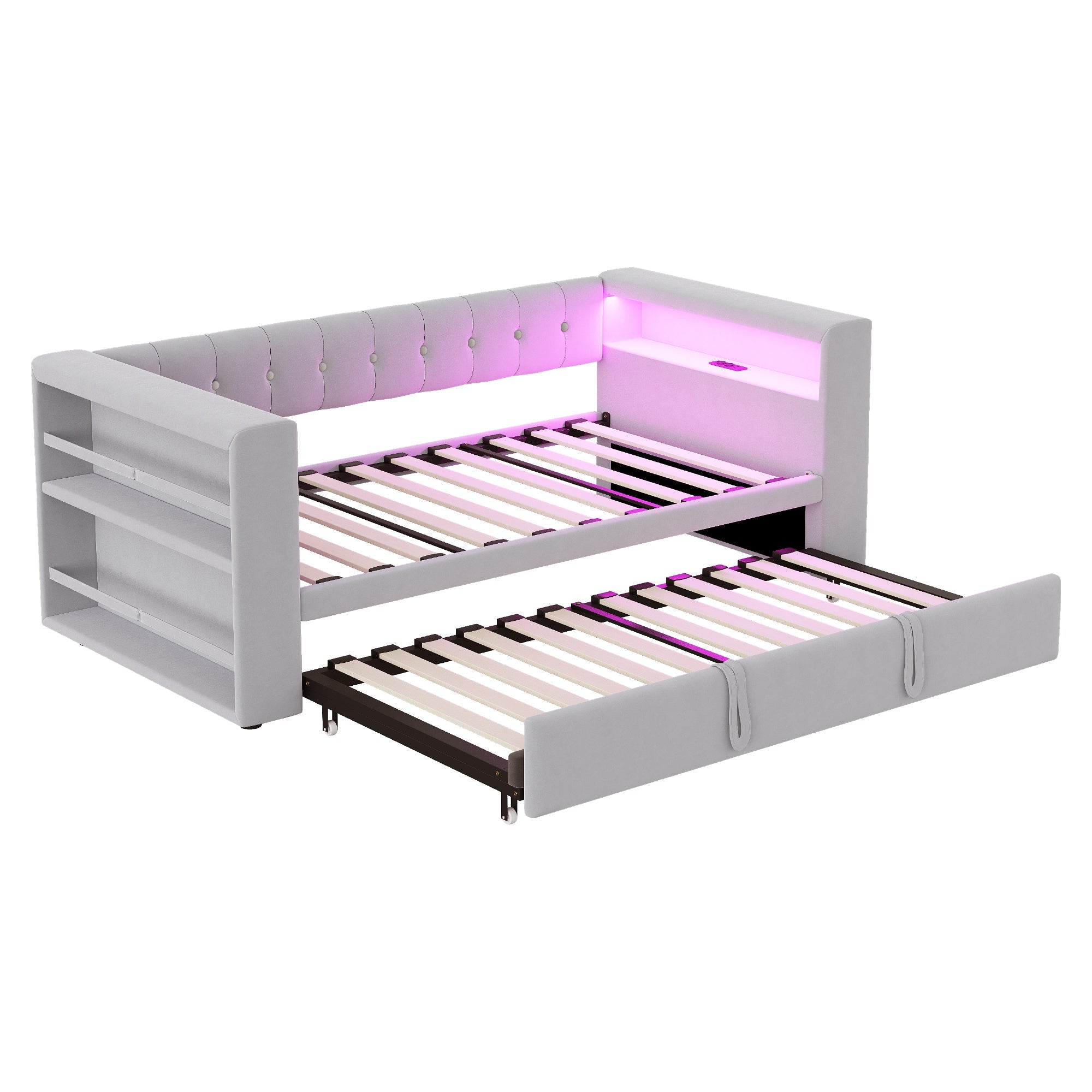 Logidon gestoffeerd bed 90-180x190 cm LED-verlichting stopcontacten lichtgrijs