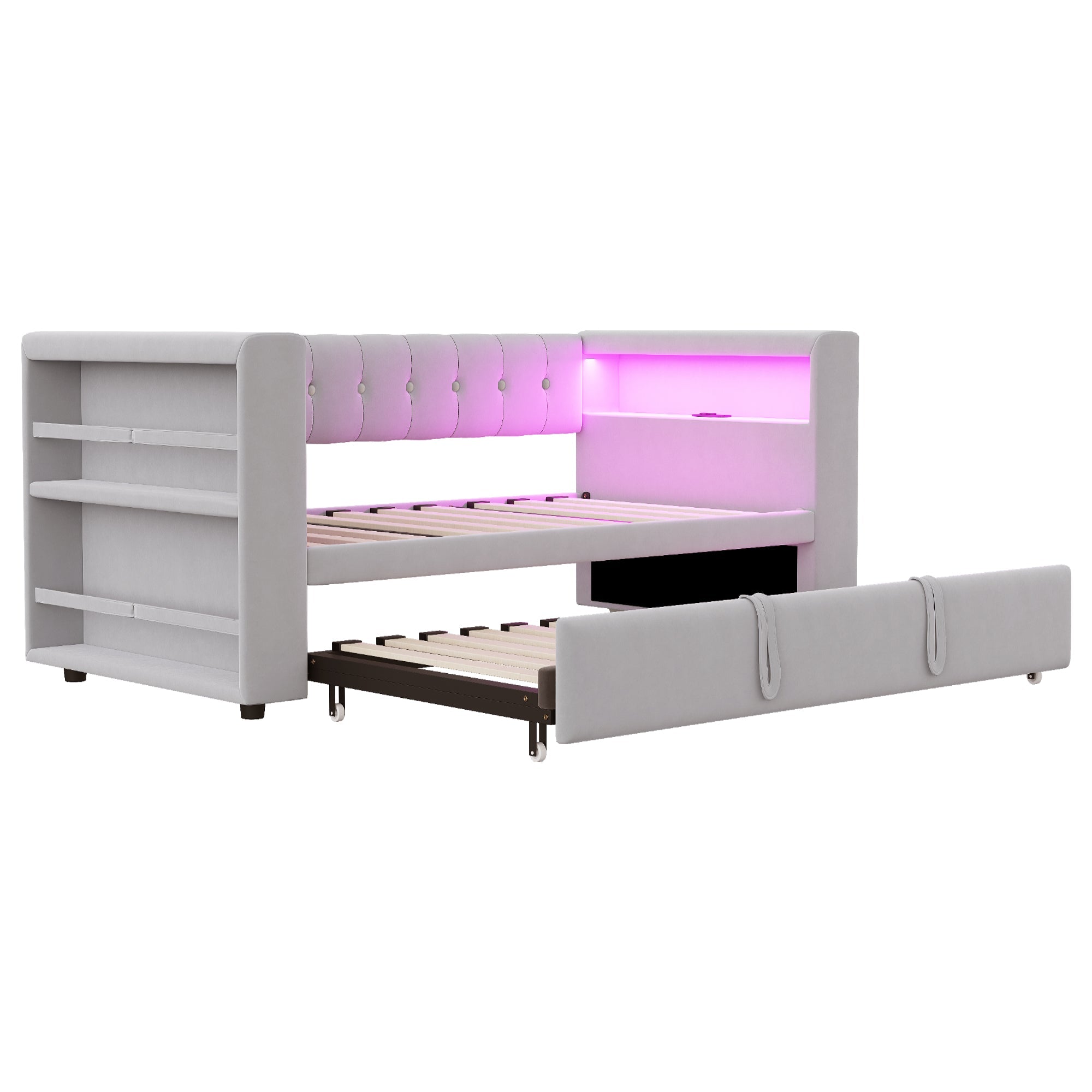 Logidon gestoffeerd bed 90-180x190 cm LED-verlichting stopcontacten lichtgrijs