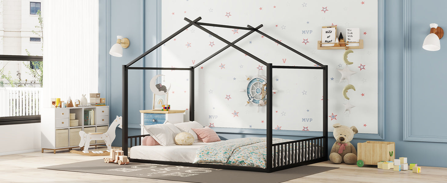 Logidon 140x200cm plat bed huisbed met ijzeren frame zwart