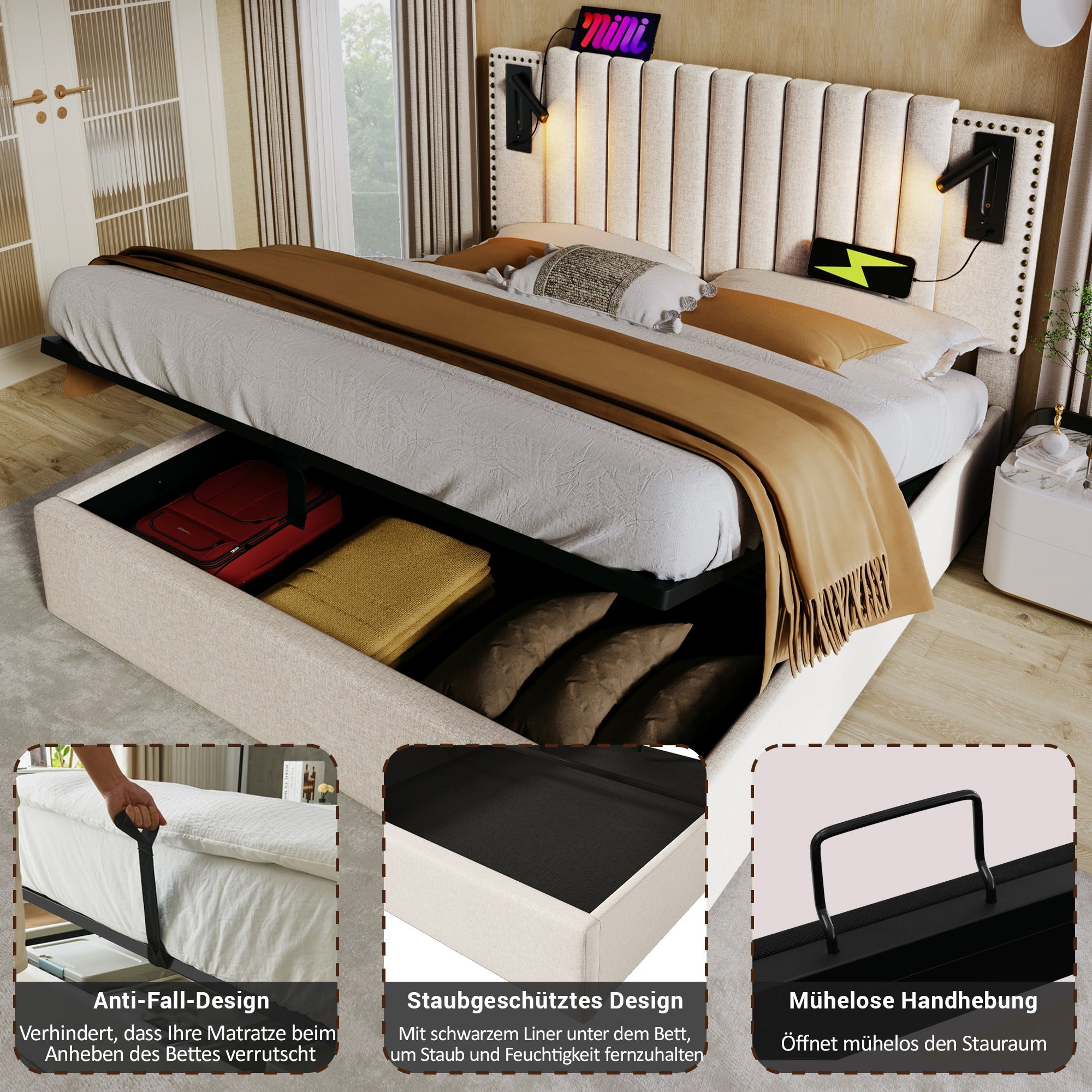 Logidon gestoffeerd bed 160x200 beige met opbergruimte en USB-leeslamp