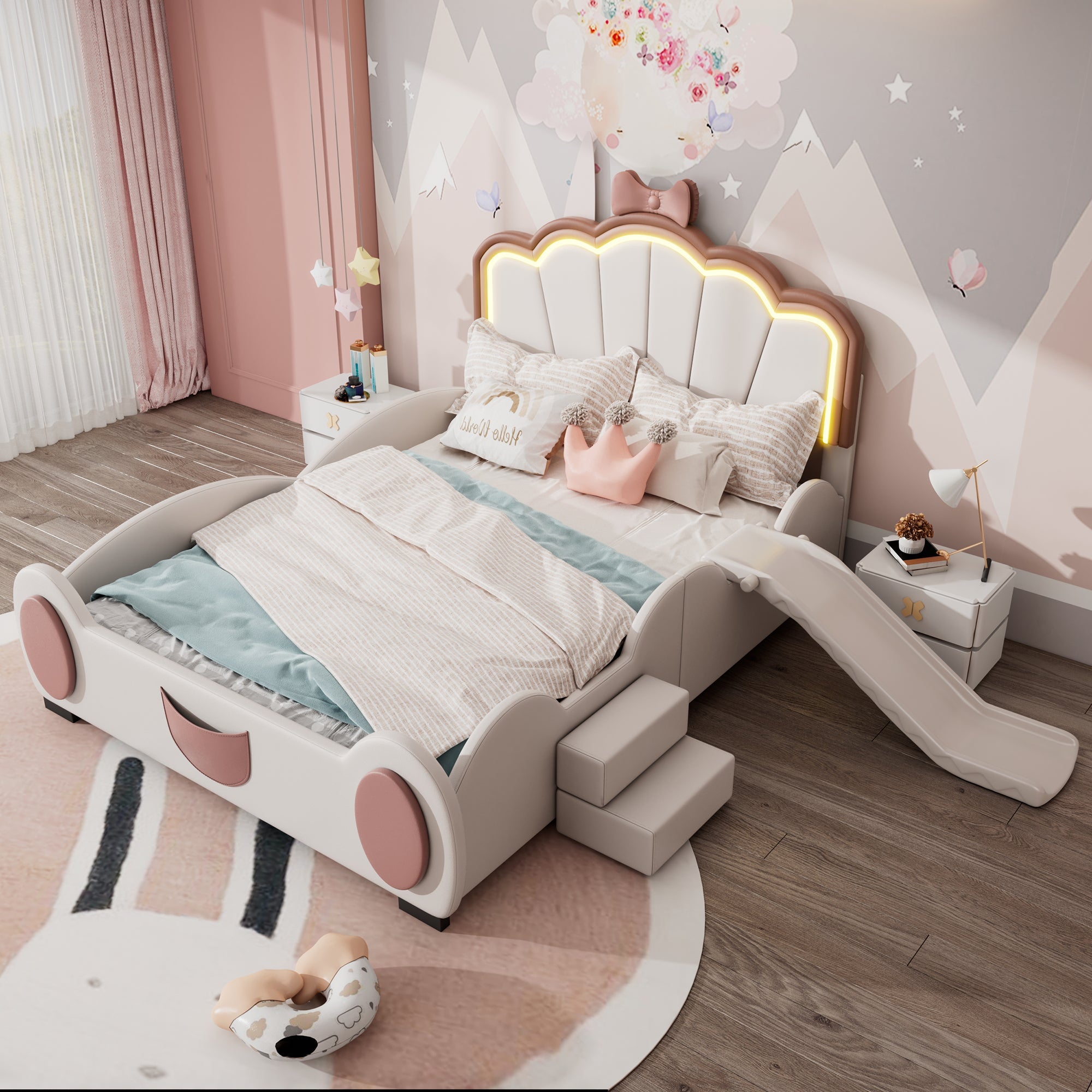 Logidon 90x200 cm Butterfly Bed With LED Color Changing Pink White