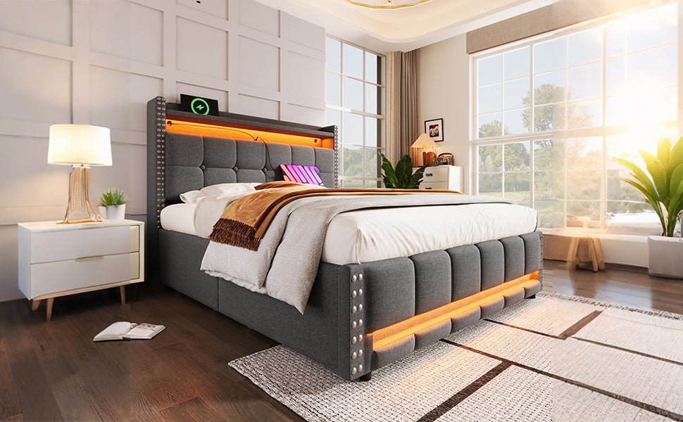 Logidon gestoffeerd bed 140x200 grijs met LED verlichting USB