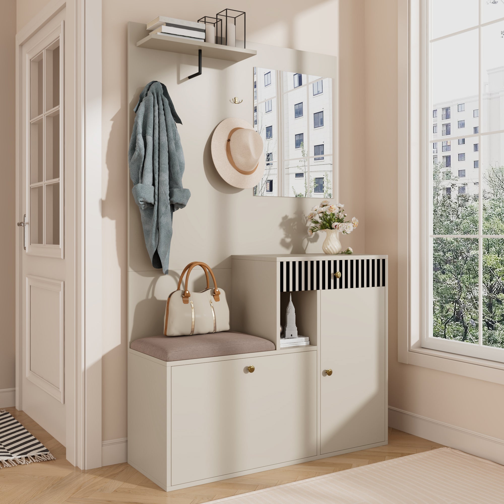Logidon kledingkastset beige met spiegel en zitkussen 110x185x37 cm