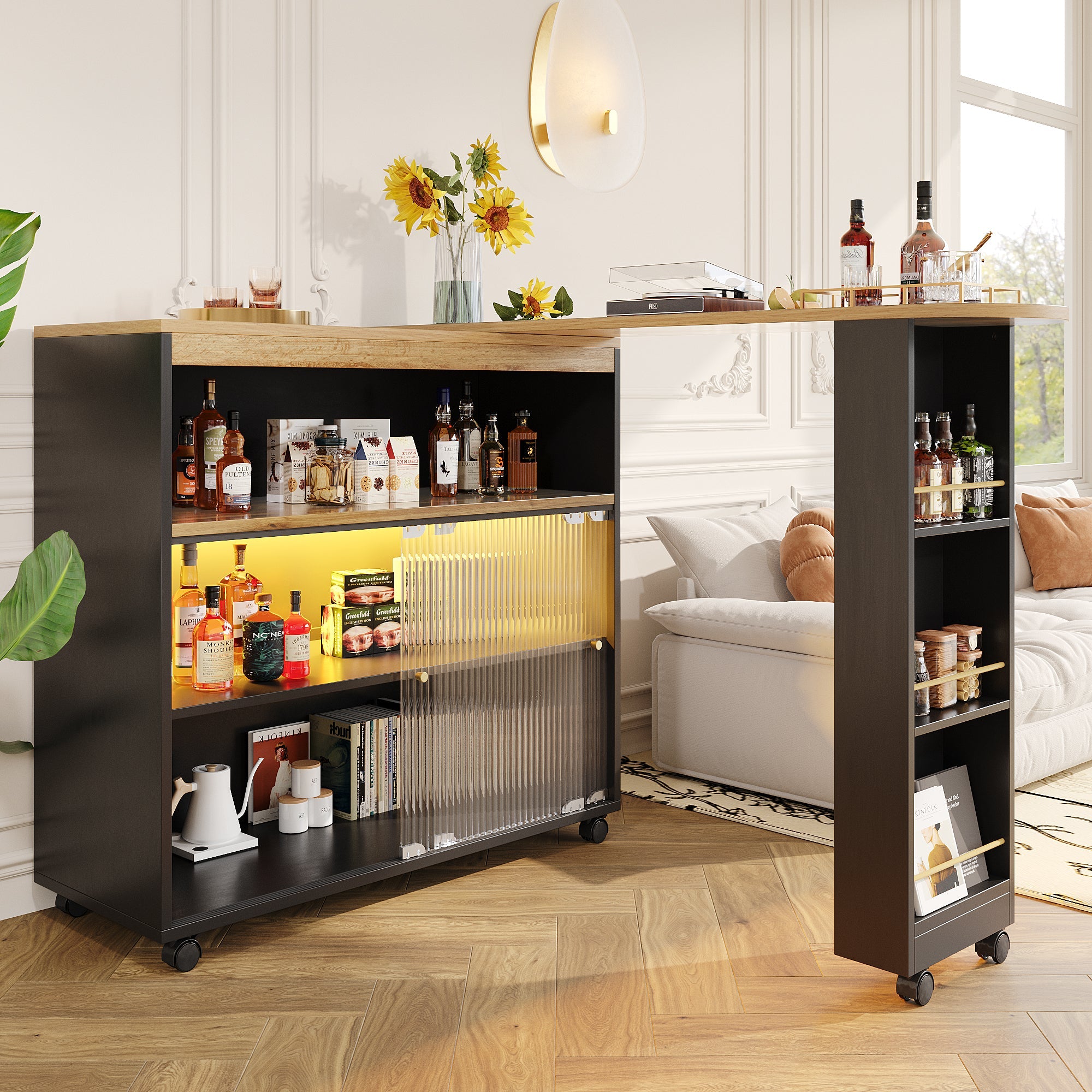Logidon Uitschuifbare bartafel met opbergruimte en LED 138 tot 204 cm