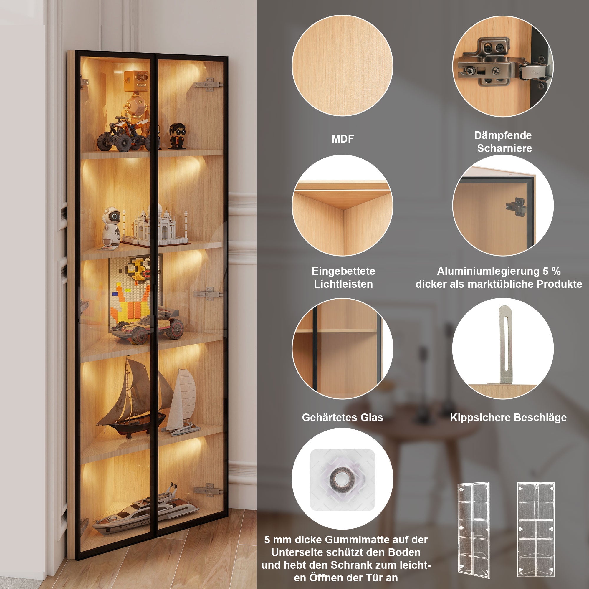 Logidon LED glazen vitrine 62 cm 35 cm 160 cm eiken hoekvitrine met deur